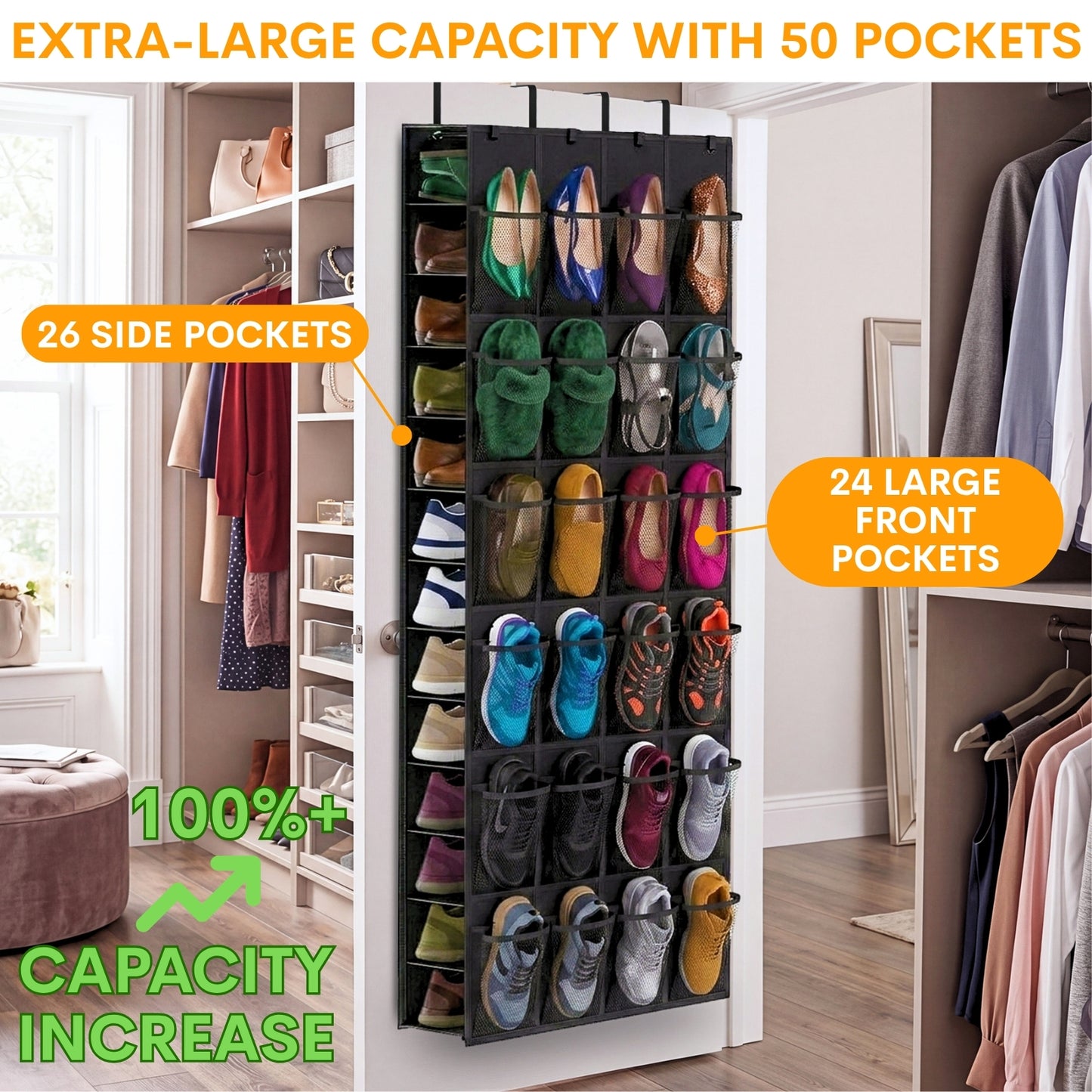 Over The Door Shoe Organizer, 50 Large Pockets Double-Sided Shoe Organizer for Closet Door, Hanging Shoe Storage Up to 50 Pairs, Mesh Front Pockets & Side Storage for Sneakers, Heels