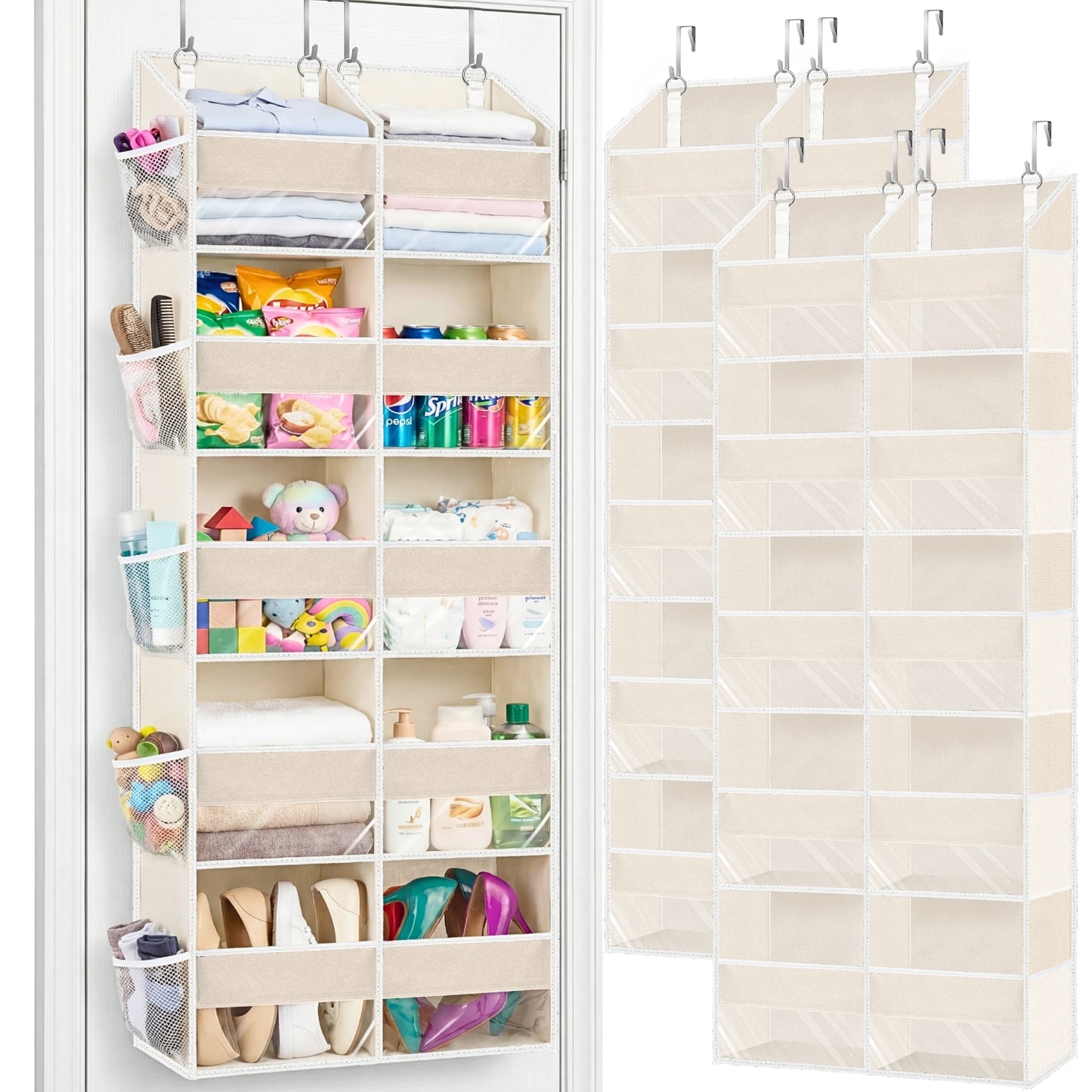 Over Door Organizer, 5-Tier Large Hanging Storage Organizer with 10 Mesh Side Pockets Behind Door Storage Shelf with Clear Windows for Kitchen Bathroom Bedroom Nursery, Toys, Diapers, Shoe