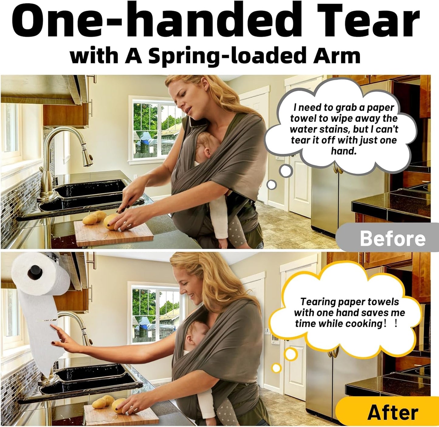 Upgraded Kitchen Paper Towel Holder - One-Hand Tear Under Cabinet Stick-on Towel Rack for Hanging Paper - First Apartment Essentials Wall Mount Self Adhesive Stainless Steel Rack Fits Black