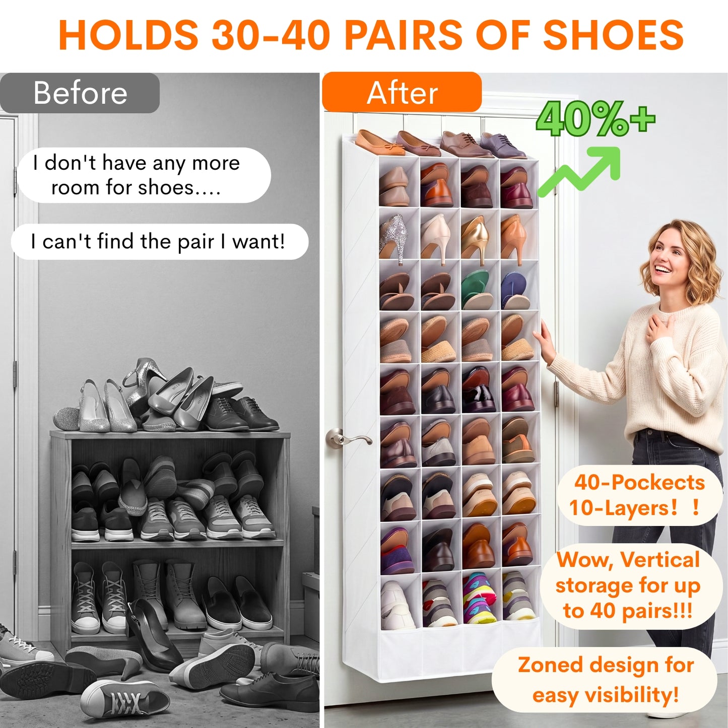 30-40 Pairs Over the Door Shoe Organizer, Large & Deep Pockets Hanging Shoe Rack, Space-Saving Closet Door Organizer Fits Boots,Sneakers or Larger Shoes,Shoe Storage for Bedroom,Small Closet,Entryway