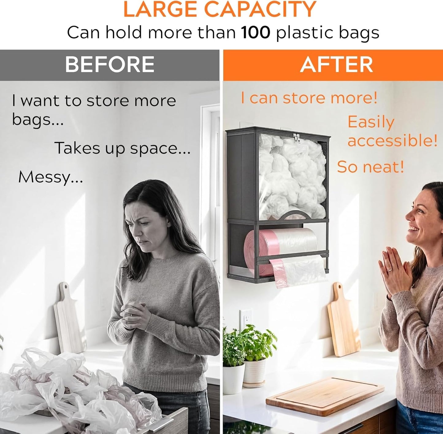 Ofiray-home Wall Mount Plastic Bag Holder - Extra Large 2 in 1 Durable Trash Bag Holder with Trash Roll Dispenser Paper Towel Roll for Home Kitchen Closet Cabinets Sink