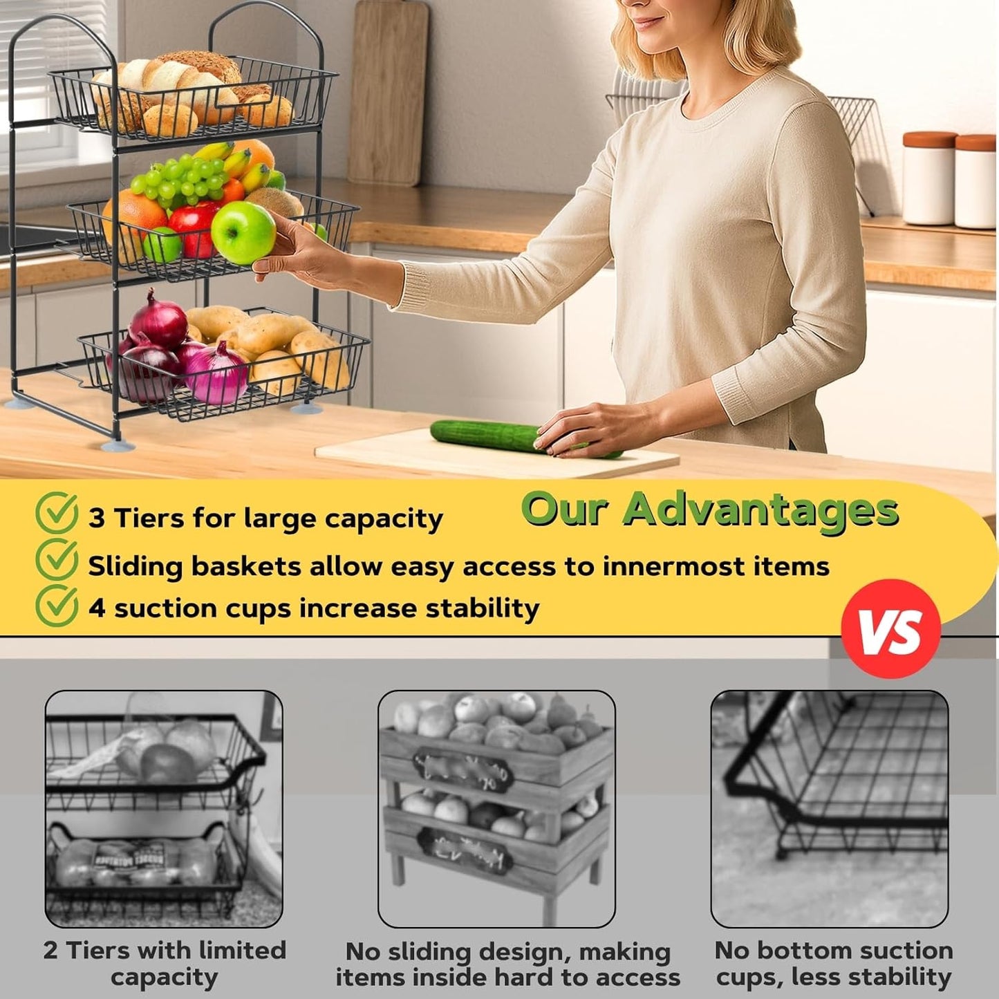 3 Tier Wire Baskets with 2 Banana Hangers, Detachable Countertop Fruit Vegetable Basket for Pantry Organization and Storage, Kitchen Counter Basket Stand for Storage Potato Onion Bread Snack Veggie