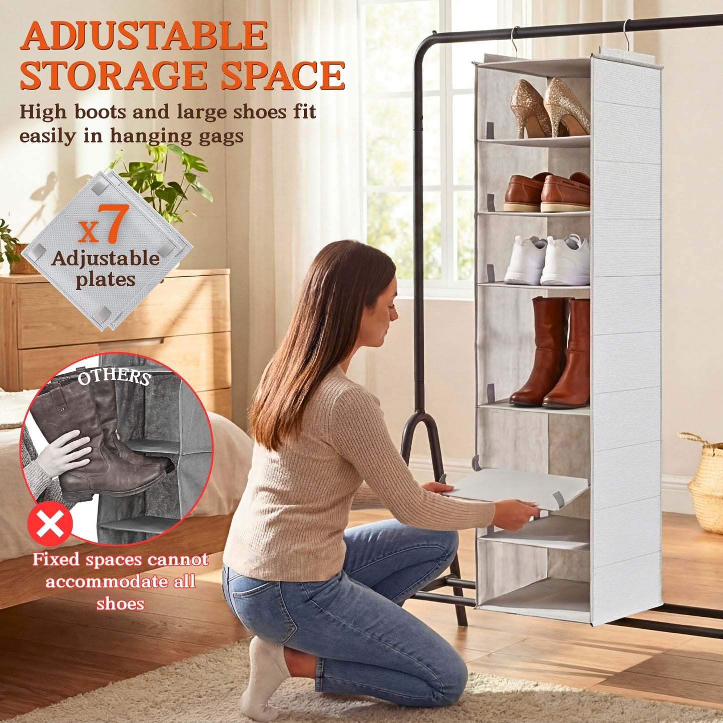Ofiray-home Hanging Shoe Organizer for Closet, 8 Tier Closet Shoe Organizer with Adjustable Shelves for Boots, Heavy Duty Hanging Closet Organizer, Shoe Storage Organizer for Closet Rod