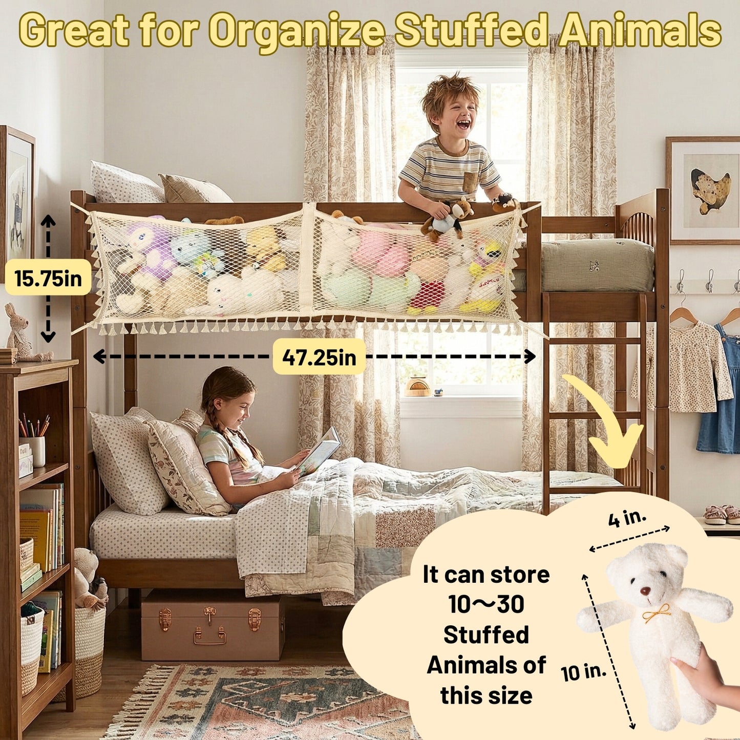 Ofiray-home Stuffed Animal Hammock, Bedside Stuffed Animal Storage Net Corner - Kids Nursery Wall Bedroom Home Decor, Cotton Bedside Toy Organizer Net with Tether, Stretches up to 47.25 In, Beige