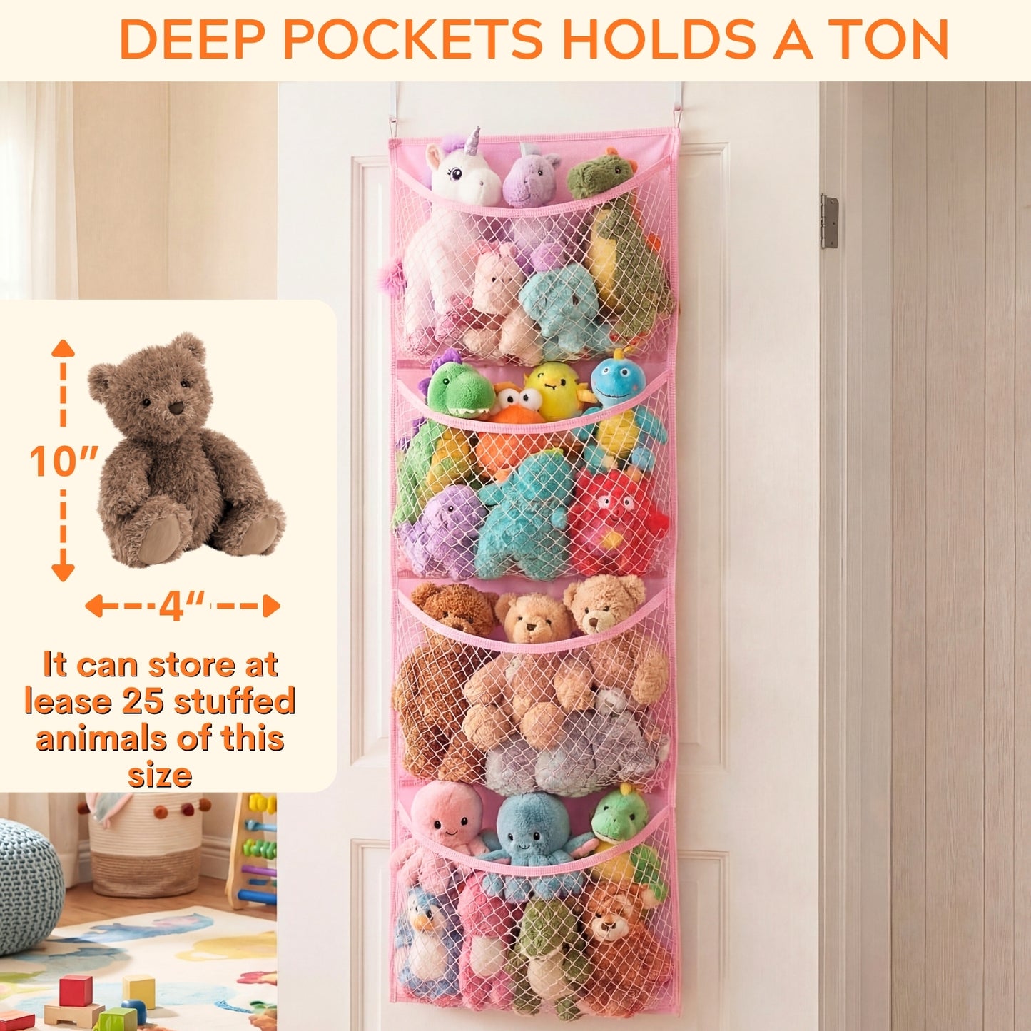 Over The Door Stuffed Animal Storage, Cotton Toy Organizer for Storage Plush Toys,Baby Supplies, Stuffed Animal Holder with 4 Large Pockets, Hanging Door Organizer for Nursery, Bedroom, Kids Room