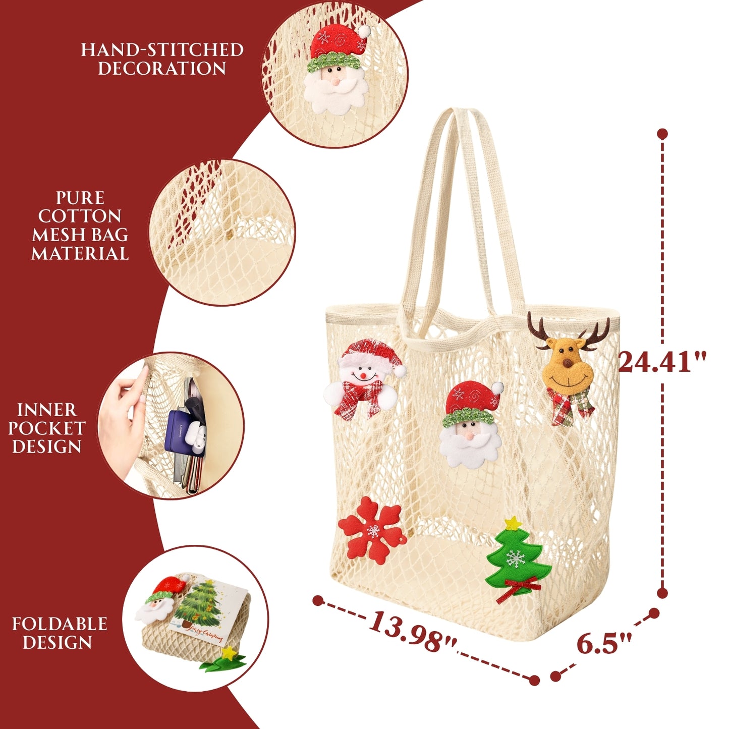 Ofiray-home Ofiray-home Cotton Christmas Tote Bag, Mesh Tote Bag Hobo with Large Interior Pocket