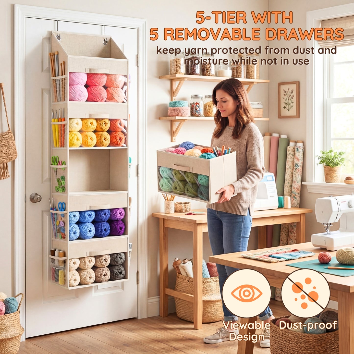 Ofiray-home Hanging Yarn Storage Organizer with 5 Drawers, Over the Door Large Capacity Knitting Organizer Storage&10 Mesh Side Pockets, Hanging Yarn Holder for Knitting Needles, Crochet Hooks- Beige