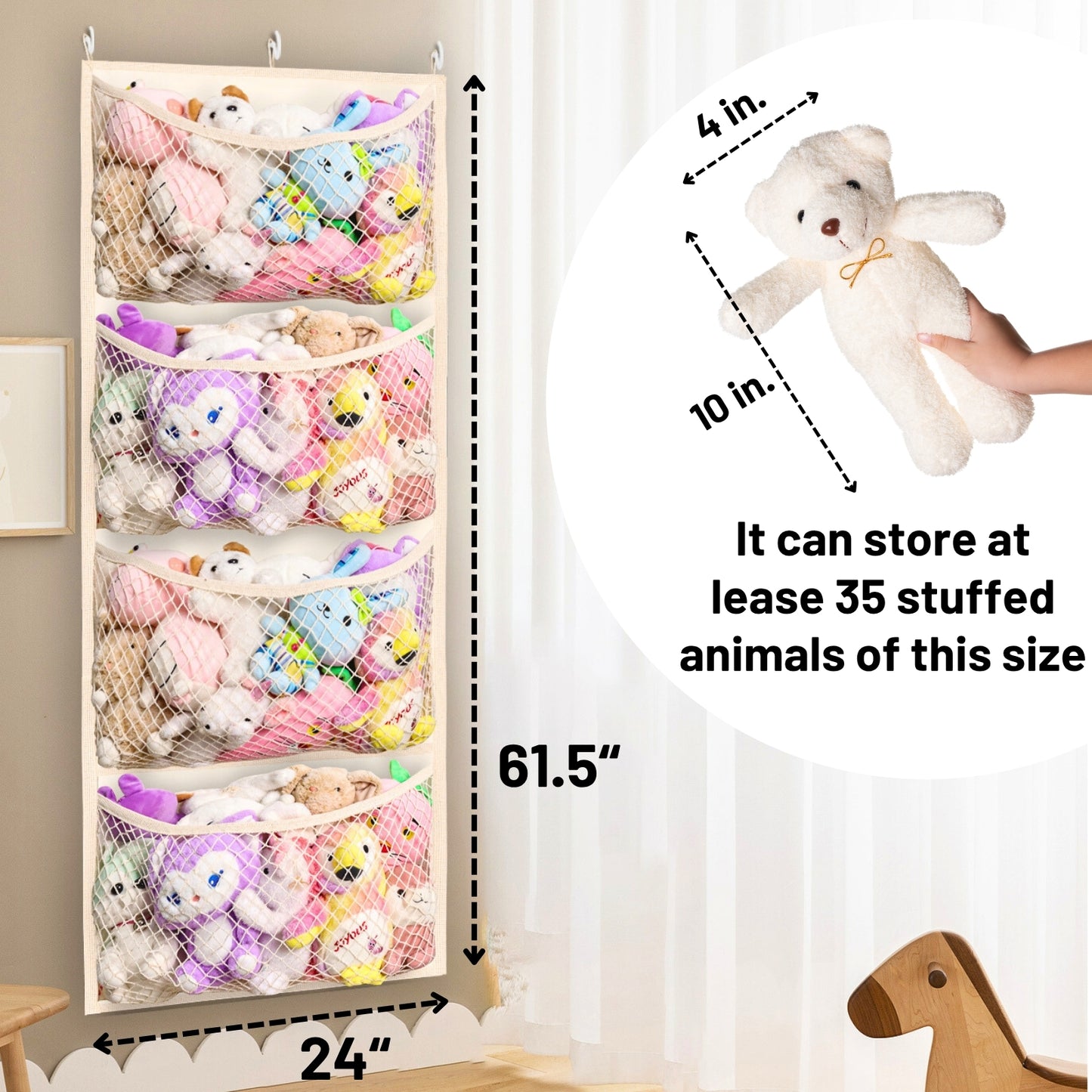 Wide Over The Door Stuffed Animal Storage, Cotton Toy Organizer for Plush Toys, Baby Supplies, Stuffed Animal Holder with 5 Large Pockets, Hanging Door Organizer for Nursery, Bedroom, Kids Room