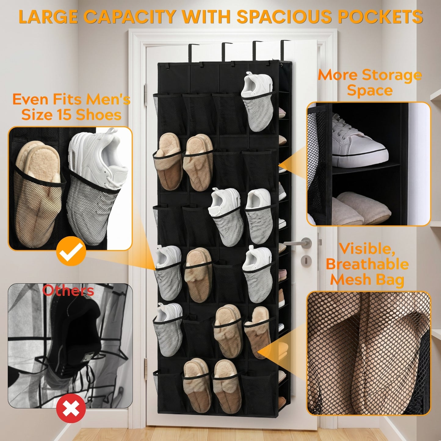 Over The Door Shoe Organizer, 50 Large Pockets Double-Sided Shoe Organizer for Closet Door, Hanging Shoe Storage Up to 50 Pairs, Mesh Front Pockets & Side Storage for Sneakers, Heels