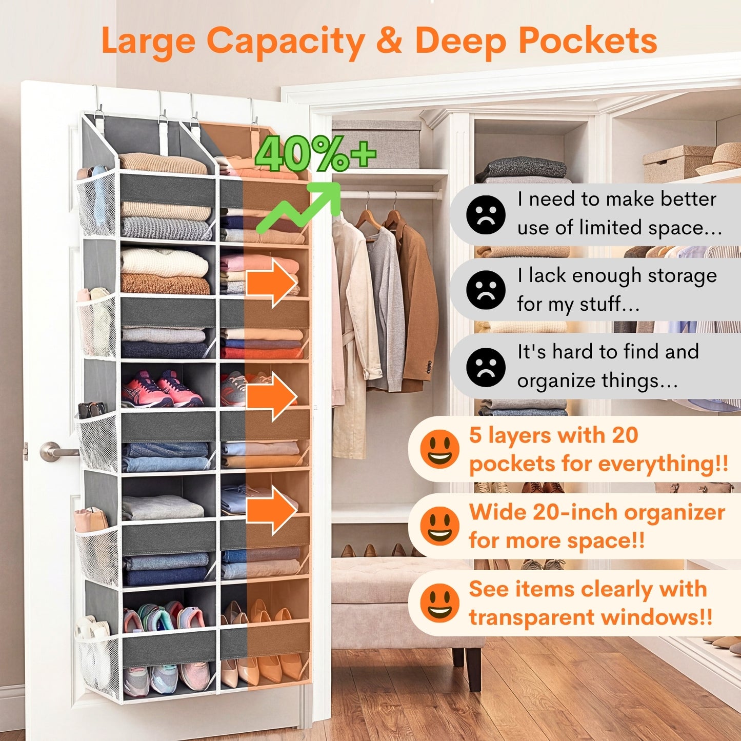 Over Door Organizer, 5-Tier Large Hanging Storage Organizer with 10 Mesh Side Pockets Behind Door Storage Shelf with Clear Windows for Kitchen Bathroom Bedroom Nursery, Toys, Diapers, Shoe