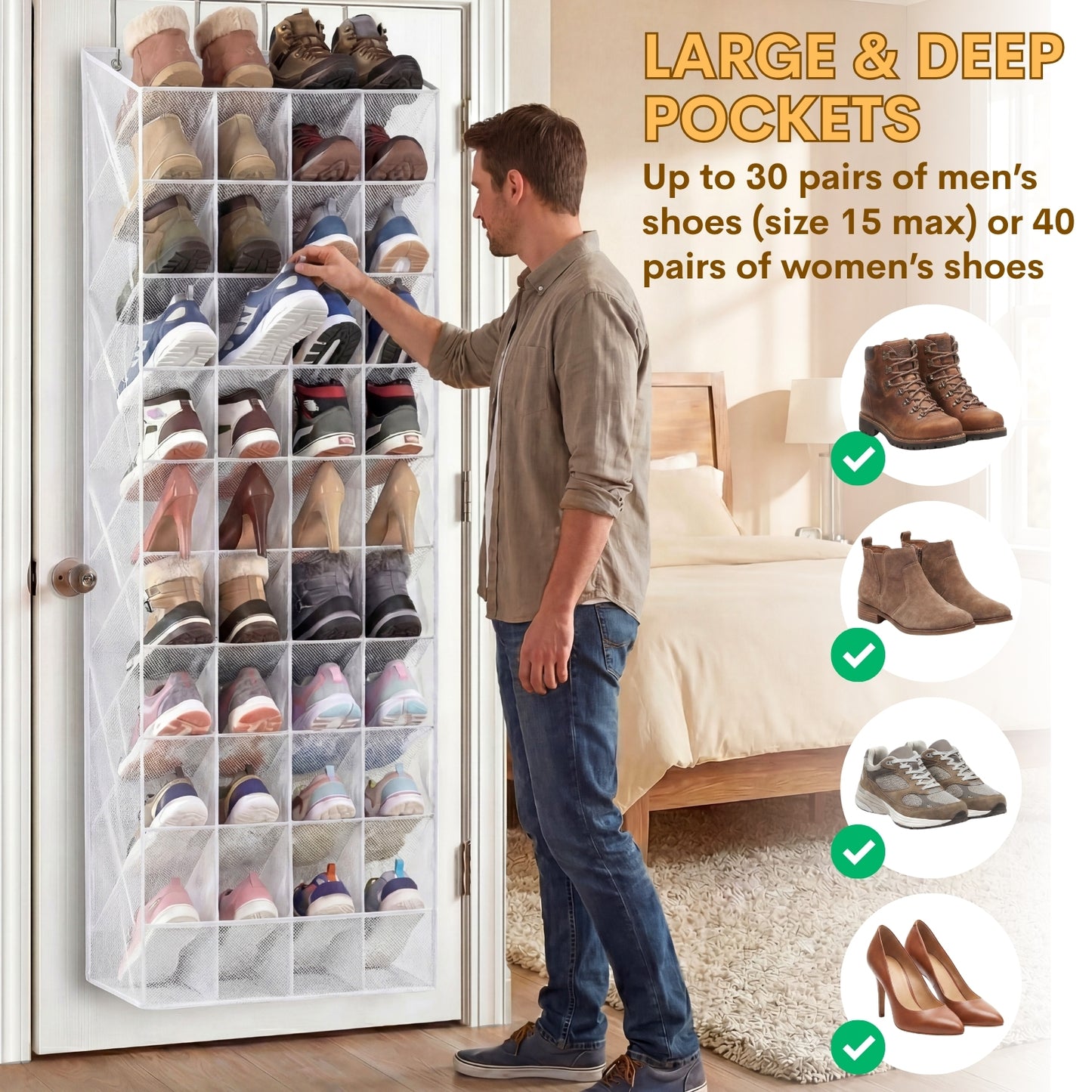 30-40 Pairs Over the Door Shoe Organizer, Clear Large Pockets Hanging Shoe Rack, Space-Saving Closet Door Organizer Fits Boots,Sneakers or Larger Shoes,Shoe Storage for Bedroom,Small Closet,Entryway