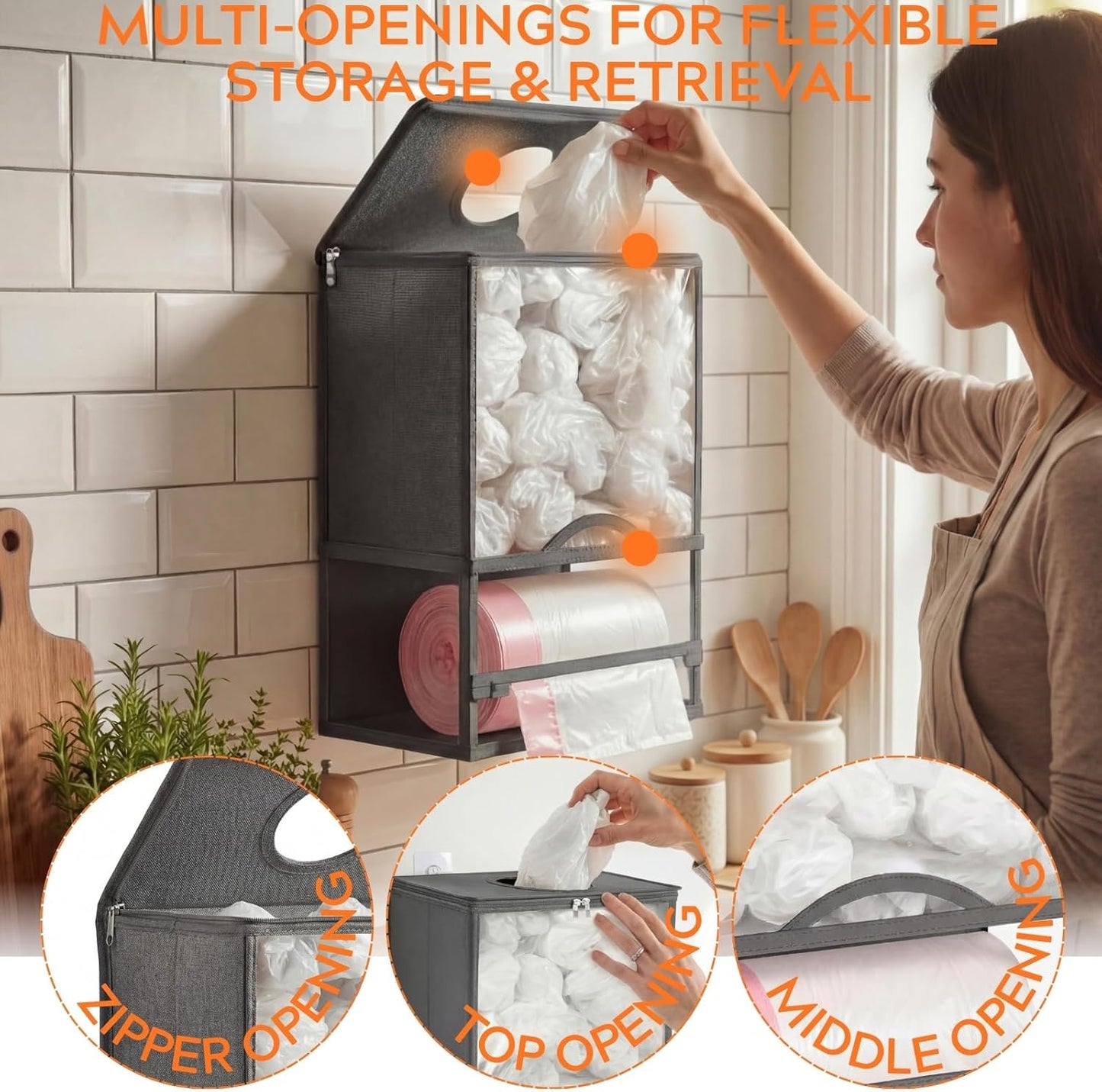 Ofiray-home Wall Mount Plastic Bag Holder - Extra Large 2 in 1 Durable Trash Bag Holder with Trash Roll Dispenser Paper Towel Roll for Home Kitchen Closet Cabinets Sink