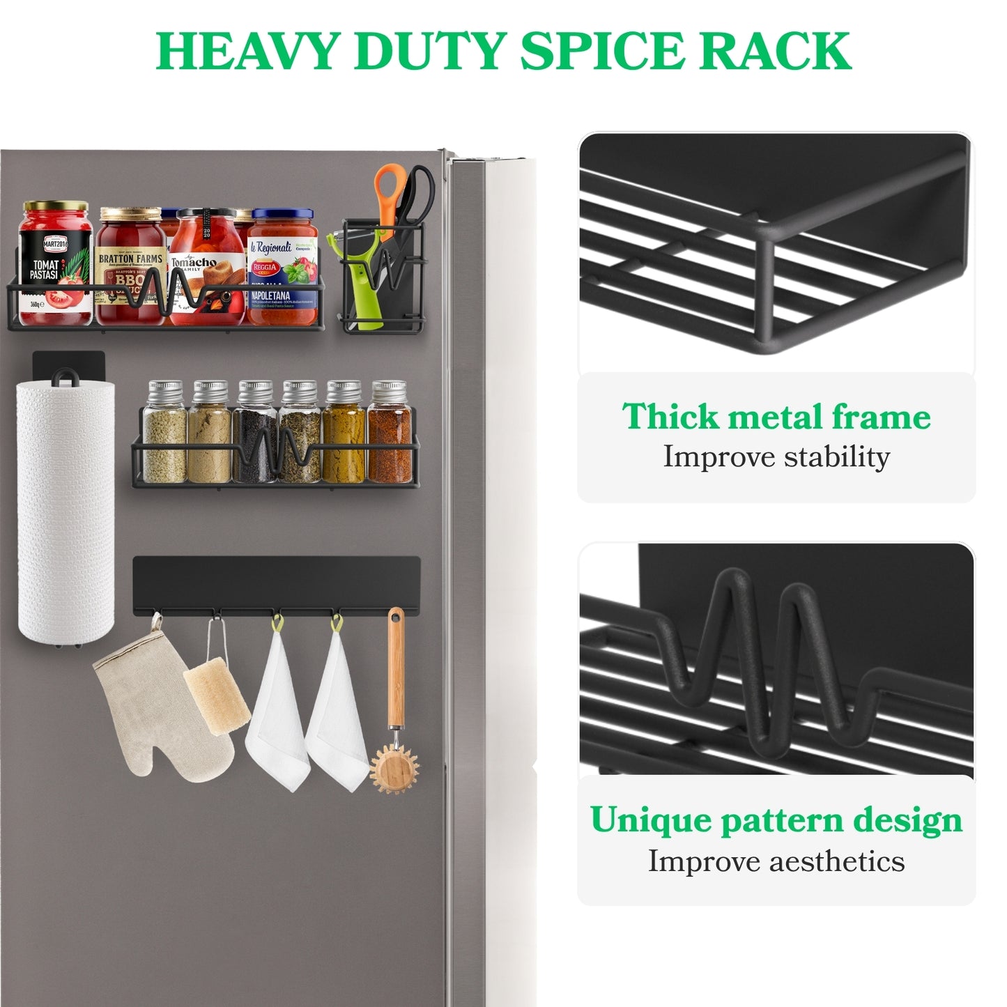 5-Pack Magnetic Spice Rack for Refrigerator, Heavy Duty Magnetic Shelf for Fridge Set with Paper Towel Holder, Utensils Racks & Hook Rail, Home Kitchen Laundry Room RV Storage Organization- Black
