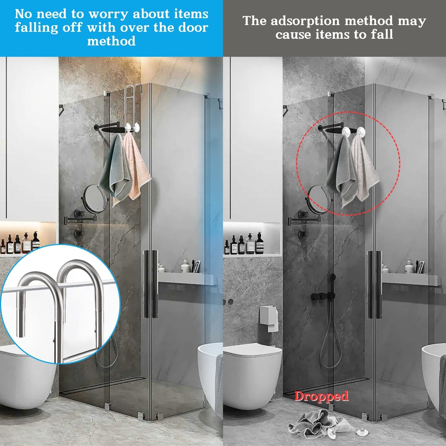 Shower Door Towel Hooks - 9"~13" Length Adjustable Hook for Framed & Frameless Over The Door Glass, Squeegee Holder, Towels Hanger for Bath Suits Rozer Robes Loofahs Shavers, 2-Pack Silver