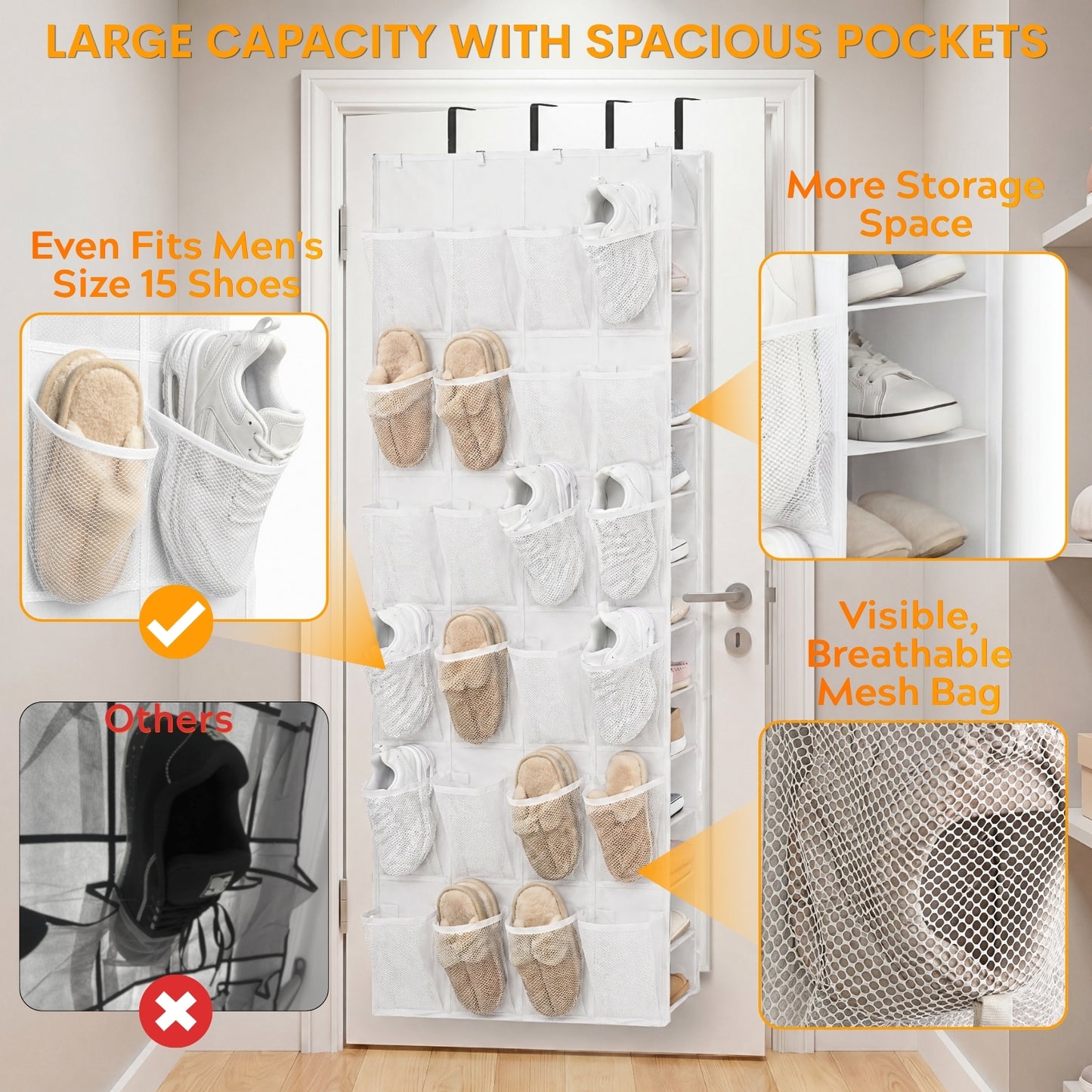 Over The Door Shoe Organizer, 50 Large Pockets Double-Sided Shoe Organizer for Closet Door, Hanging Shoe Storage Up to 50 Pairs, Mesh Front Pockets & Side Storage for Sneakers, Heels