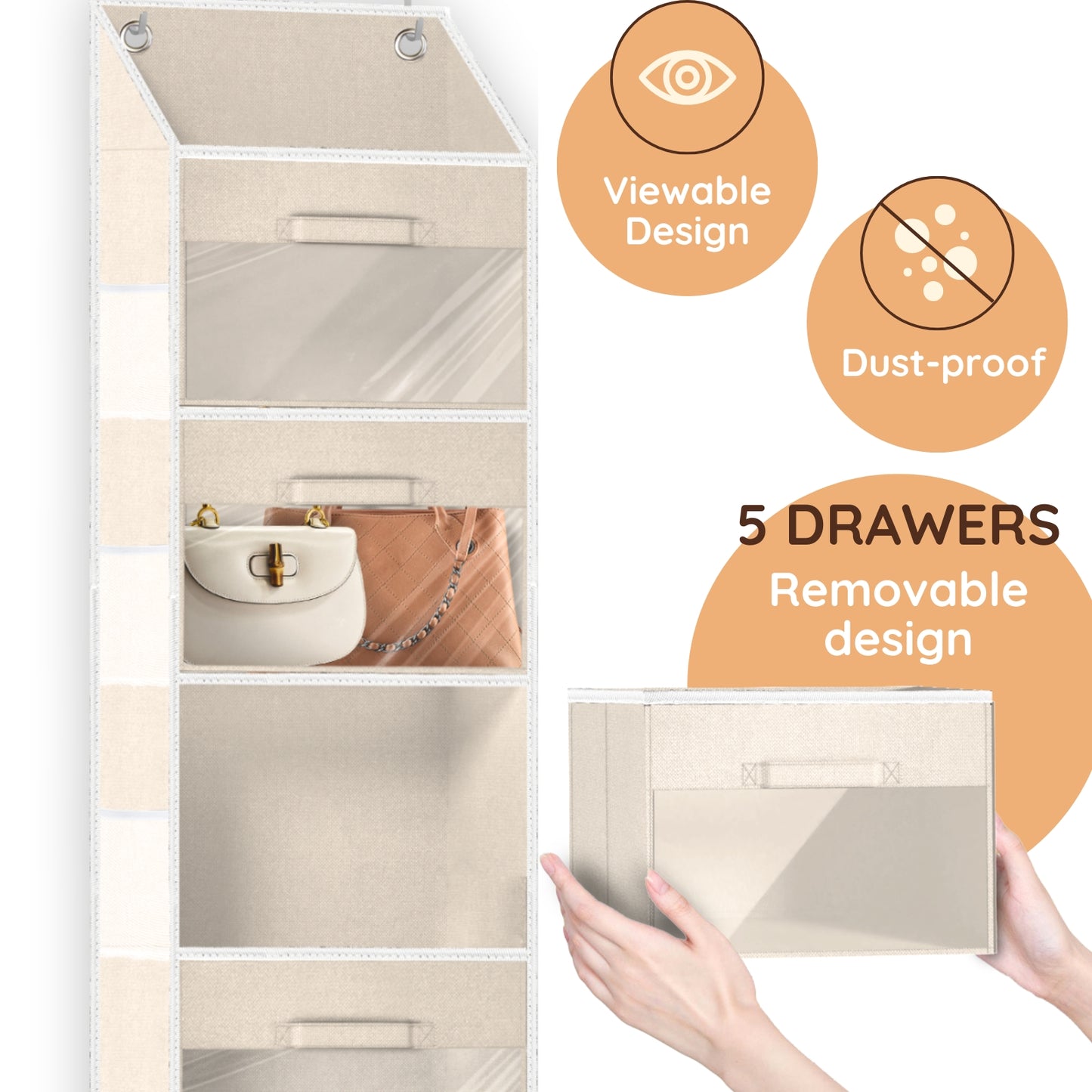 Ofiray-home Hanging Yarn Storage Organizer with 5 Drawers, Over the Door Large Capacity Knitting Organizer Storage&10 Mesh Side Pockets, Hanging Yarn Holder for Knitting Needles, Crochet Hooks- Beige