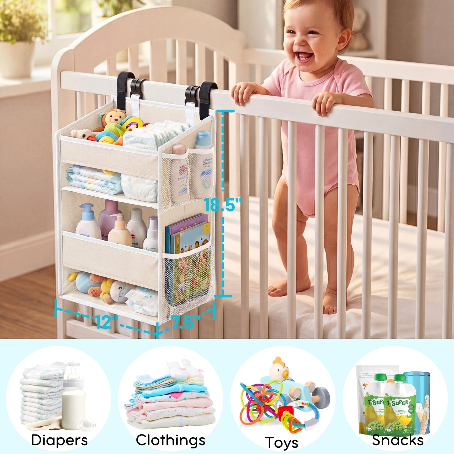 Ofiray-home Hanging Diaper Organizer for Changing Table,Cribs,Car,Playard or Wall & Nursery Organization-Durable 2-Tier Diaper Organizer with Mesh Pockets and Viewable Design, Won't Deform, Light Gray