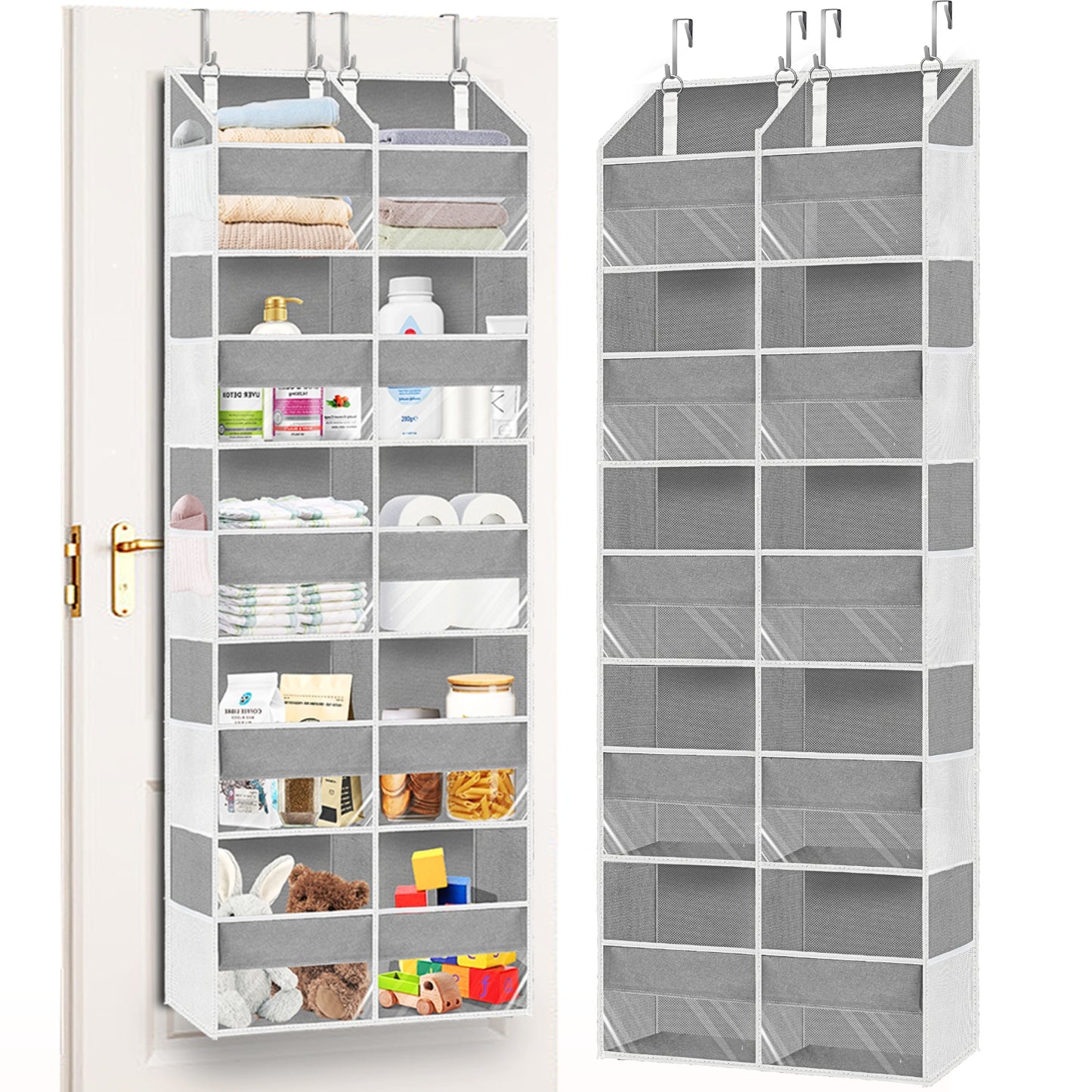 Over Door Organizer, 5-Tier Large Hanging Storage Organizer with 10 Mesh Side Pockets Behind Door Storage Shelf with Clear Windows for Kitchen Bathroom Bedroom Nursery, Toys, Diapers, Shoe