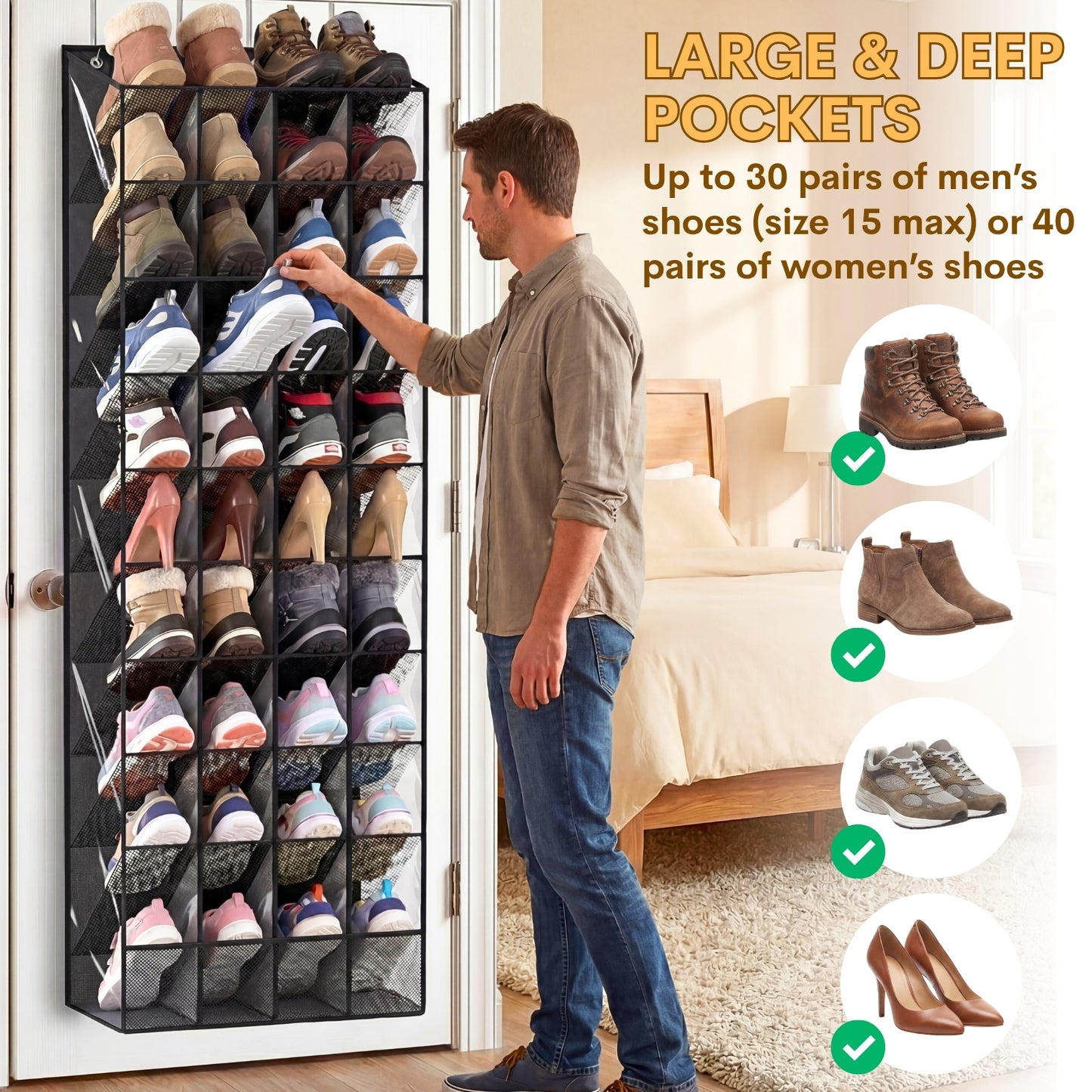 30-40 Pairs Over the Door Shoe Organizer, Clear Large Pockets Hanging Shoe Rack, Space-Saving Closet Door Organizer Fits Boots,Sneakers or Larger Shoes,Shoe Storage for Bedroom,Small Closet,Entryway