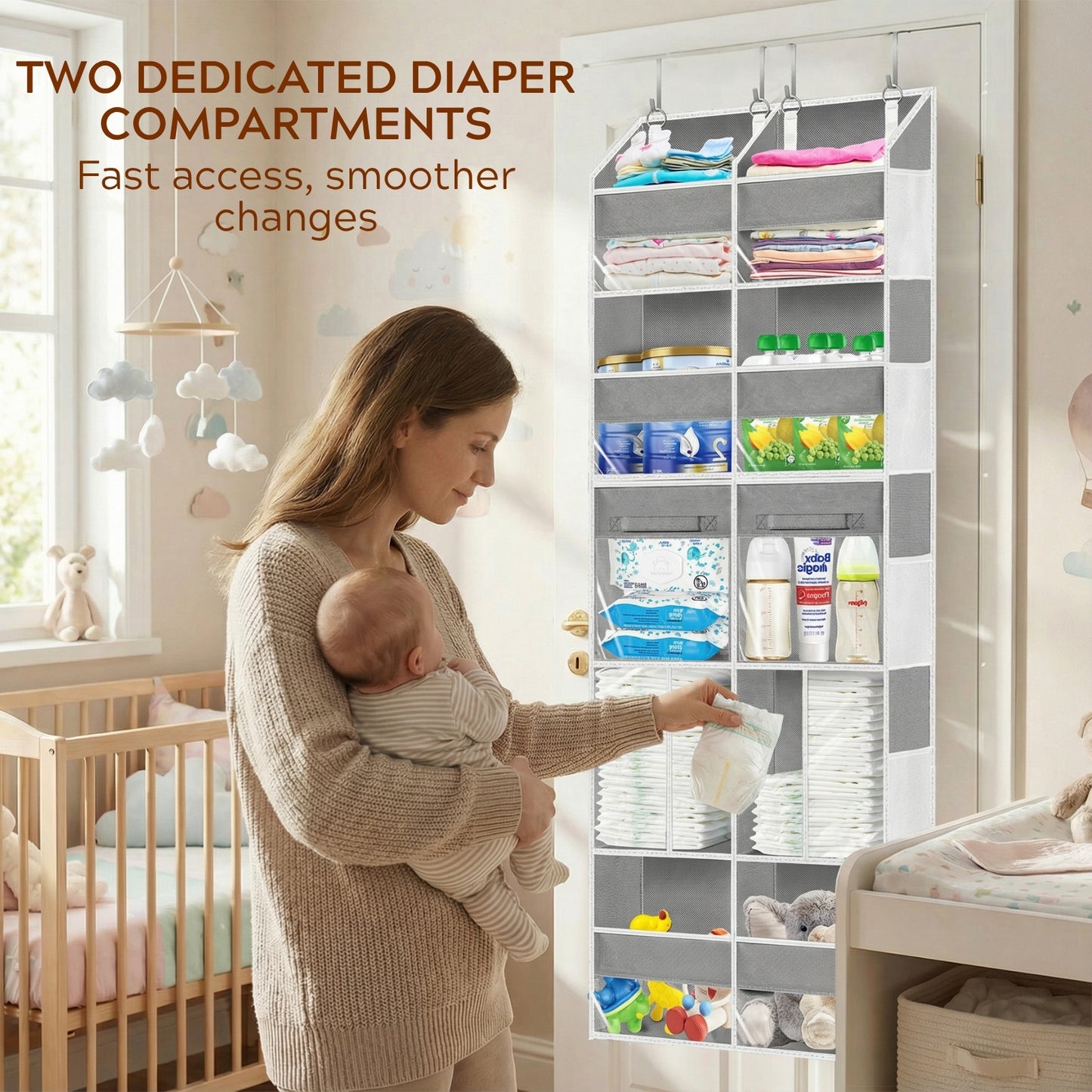 Over the Door Organizer 5 Tiers with Removable Drawers, Extra Large Door Storage of 6 Compartments & 2 Diaper Storage, Double-Column Clear Window Door Hanging Organizer for Nursery, Closet, Pantry