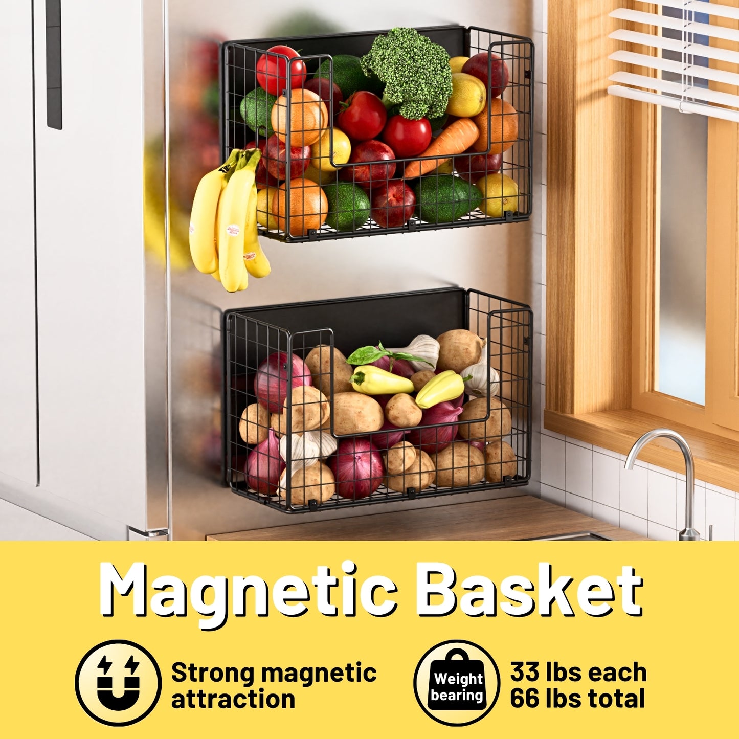 Magnetic Shelf for Fridge Fruit Potato & Onion Storage Bins Pantry Organizers & Storage Large Container Magnetic Basket for Refrigerator  Kitchen Counter, Cabinet, Magnetic Fridge Organizer