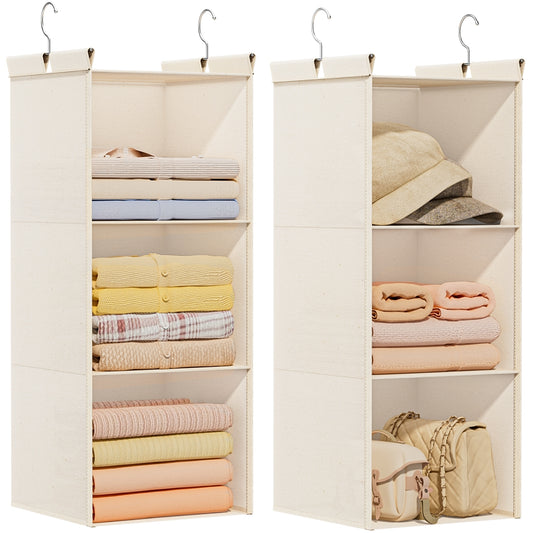 Ofiray-home Pure Cotton Dual Hanging Closet Organizer, 2-Pack 3-Tier Breathable Storage Bags for Wardrobe, RV, Nursery, Small Closets. Heavy-Duty 100% Cotton, Natural Beige