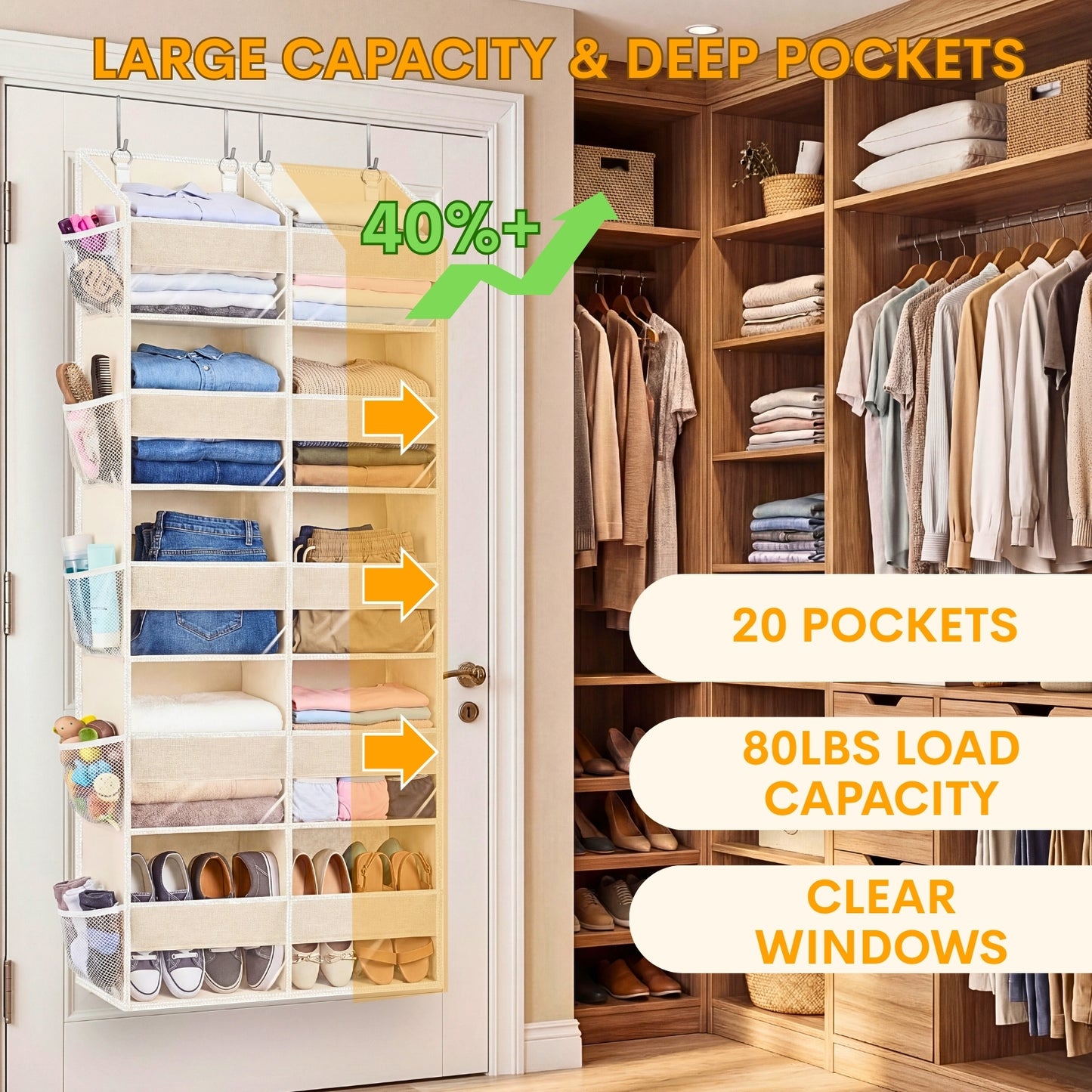 Over Door Organizer, 5-Tier Large Hanging Storage Organizer with 10 Mesh Side Pockets Behind Door Storage Shelf with Clear Windows for Kitchen Bathroom Bedroom Nursery, Toys, Diapers, Shoe