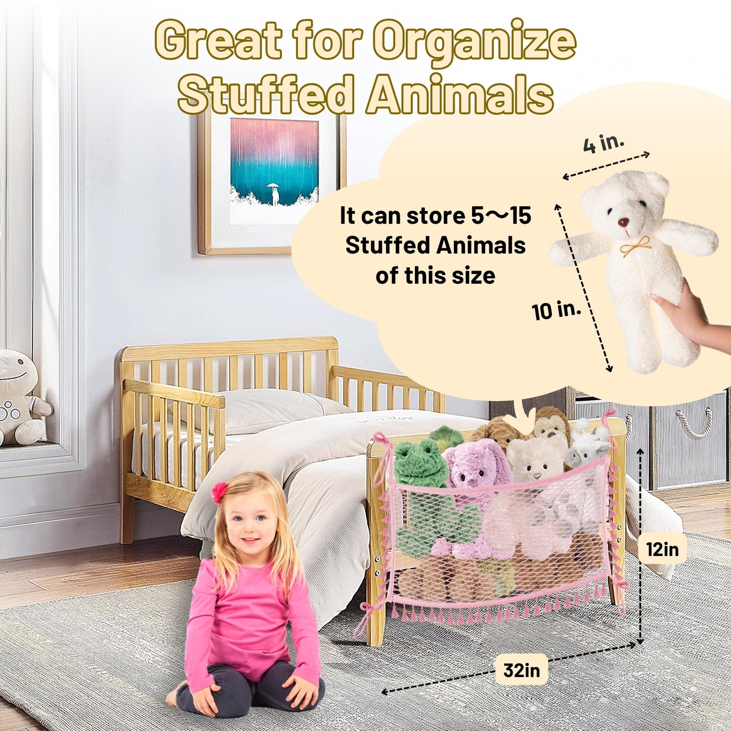 Ofiray-home Stuffed Animal Hammock, Bedside Stuffed Animal Storage Net Corner - Kids Nursery Wall Bedroom Home Decor, Cotton Bedside Toy Organizer Net with Tether, Stretches up to 32 In, Pink