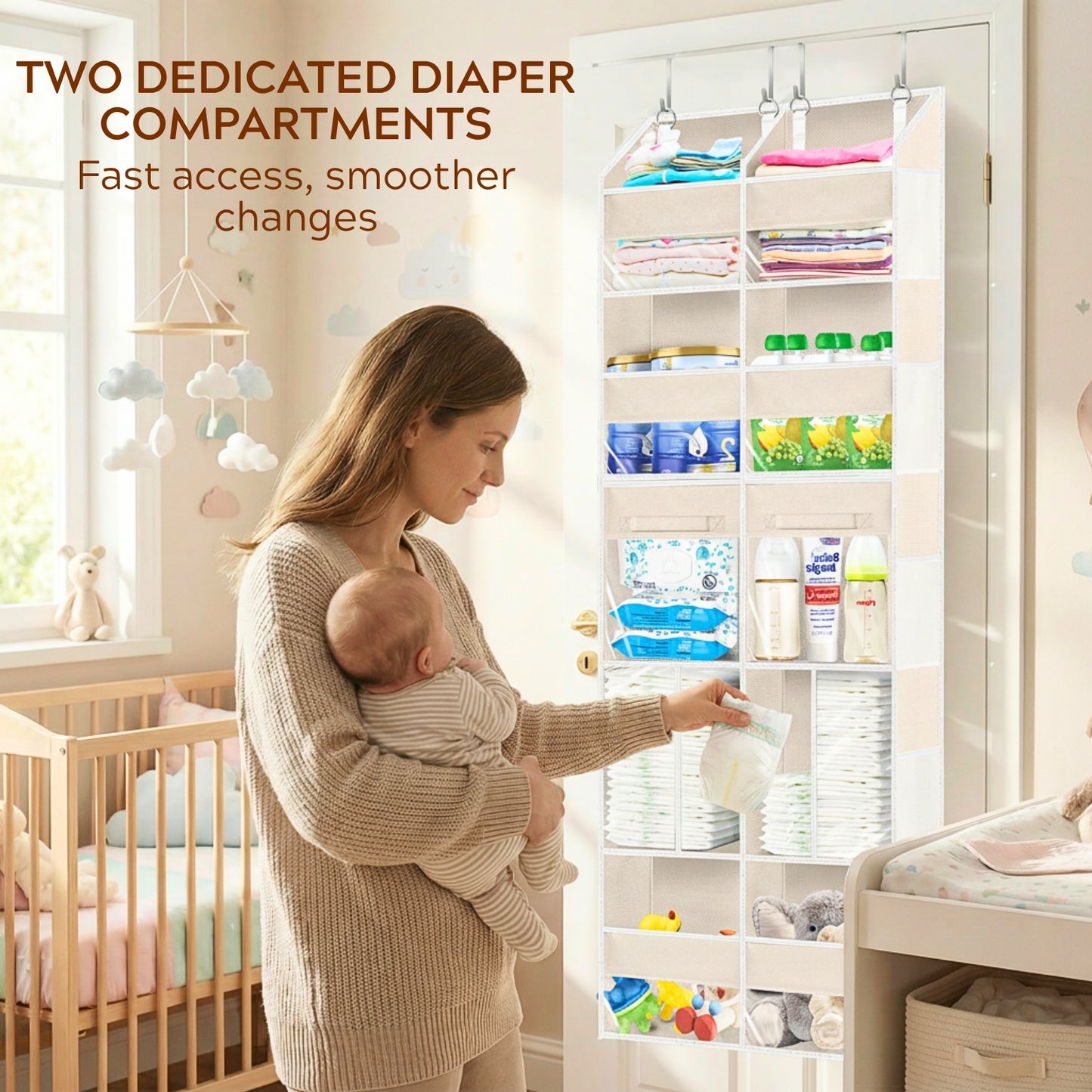 Over the Door Organizer 5 Tiers with Removable Drawers, Extra Large Door Storage of 6 Compartments & 2 Diaper Storage, Double-Column Clear Window Door Hanging Organizer for Nursery, Closet, Pantry