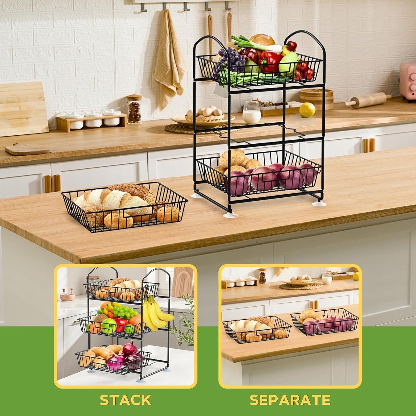 3 Tier Wire Baskets with 2 Banana Hangers, Detachable Countertop Fruit Vegetable Basket for Pantry Organization and Storage, Kitchen Counter Basket Stand for Storage Potato Onion Bread Snack Veggie