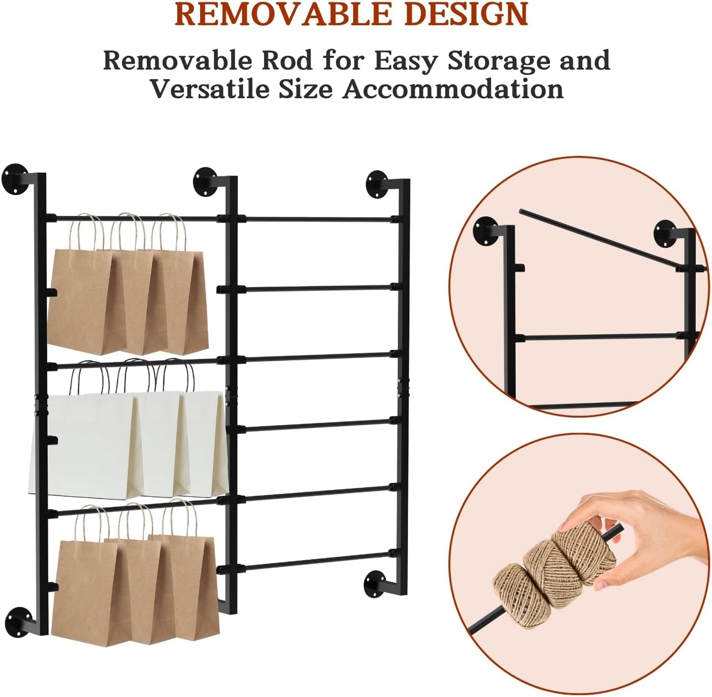 Double 6-Tier Ribbon Storage Organizer, Large Capacity Wall Mount Ribbon Organizer with 12 Removable Rods, Gift Bag Yarn Storage Holder for Craft Room, Flower Shop, DIY Supplies - Metal