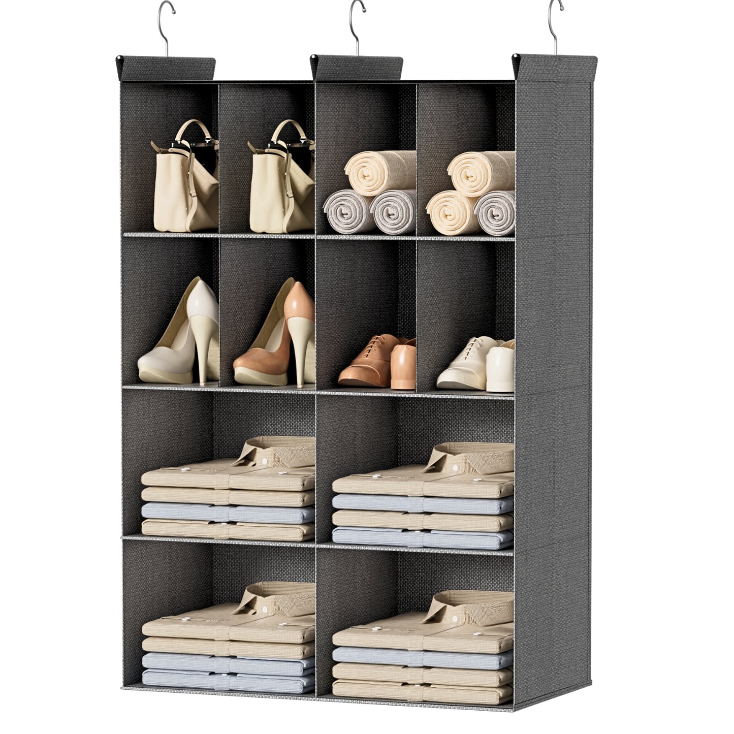 6 Tier Hanging Closet Organizer, 16 Compartments Sweater Organizer for Closet with 3 Sturdy Hooks, Closet Organizers and Storage, Wardrobe, Rv, Garment Rack, Grey