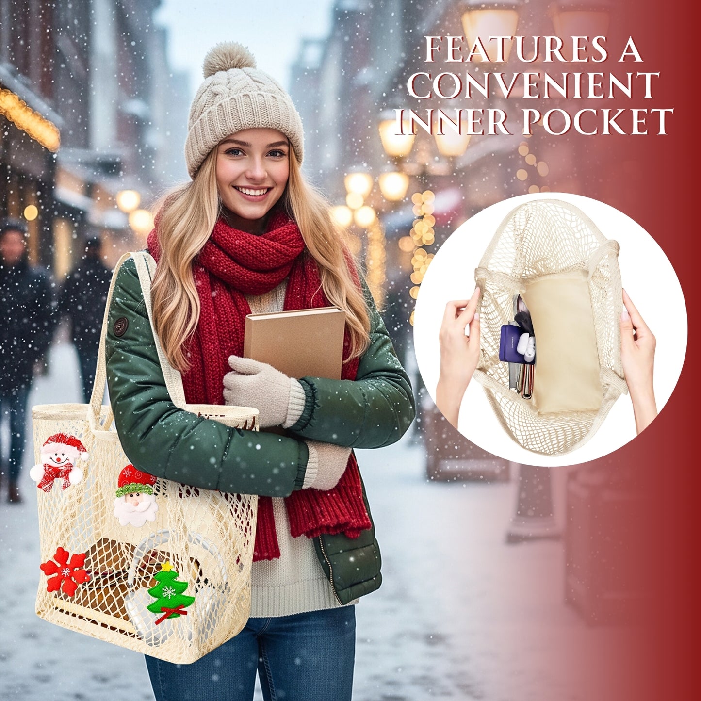 Ofiray-home Ofiray-home Cotton Christmas Tote Bag, Mesh Tote Bag Hobo with Large Interior Pocket