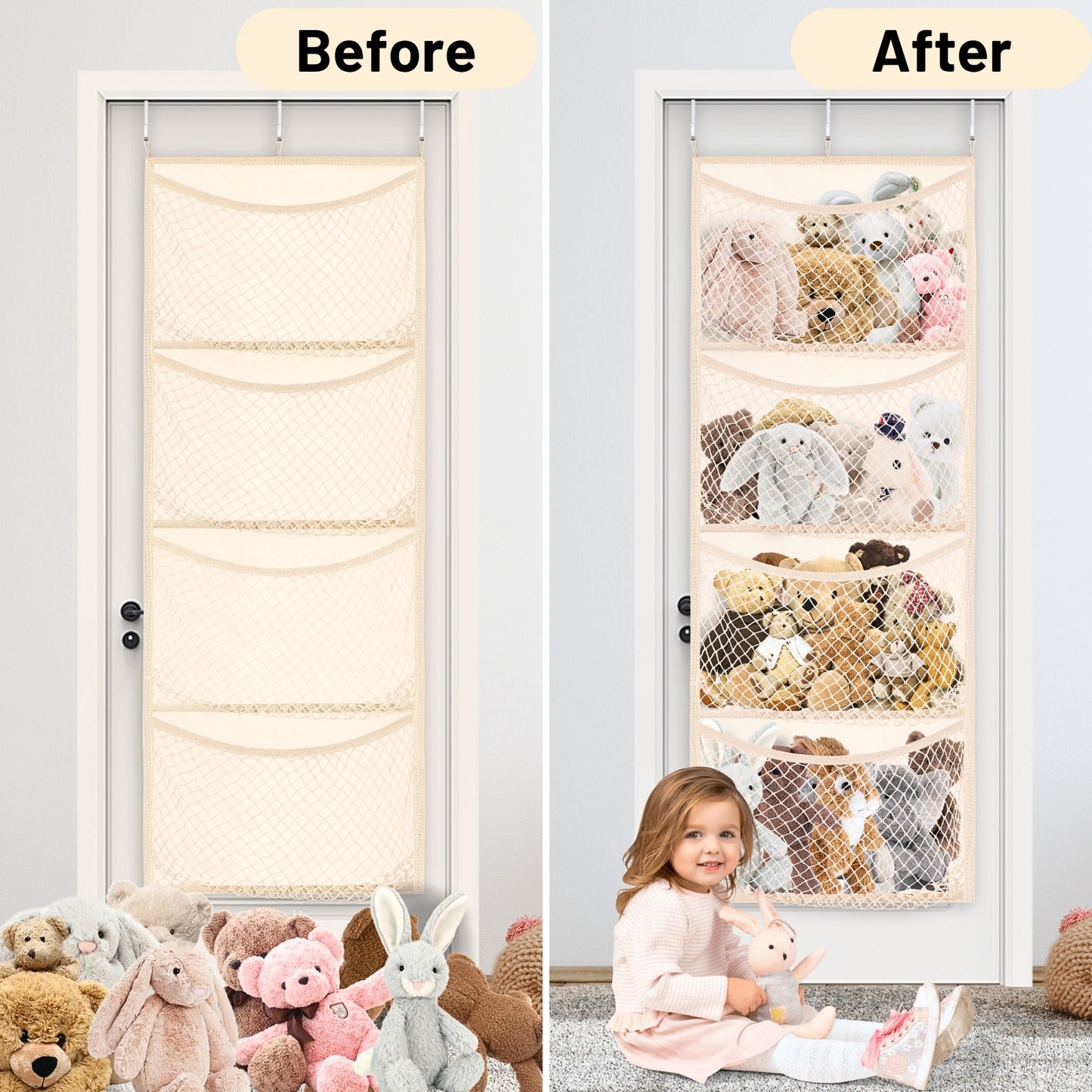 Wide Over The Door Stuffed Animal Storage, Cotton Toy Organizer for Plush Toys, Baby Supplies, Stuffed Animal Holder with 5 Large Pockets, Hanging Door Organizer for Nursery, Bedroom, Kids Room