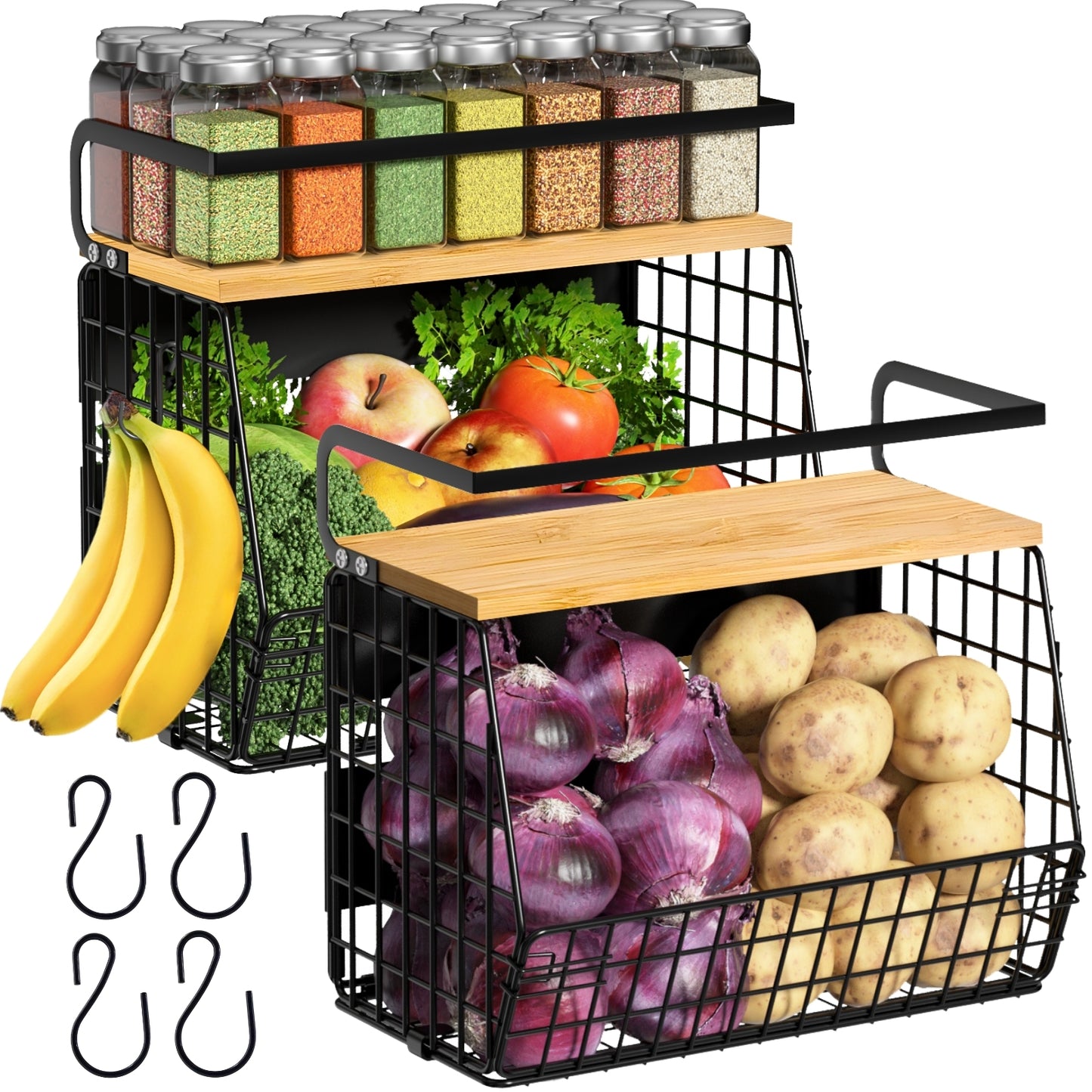 Magnetic Shelf for Refrigerator with Wood Lid, Fruit Potato & Onion Storage Bins, Pantry Organizers & Storage, Large Container Magnetic Spice Rack for Refrigerator, Kitchen Counter, Cabinet