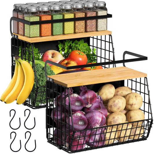 Magnetic Shelf for Refrigerator with Wood Lid, Fruit Potato & Onion Storage Bins, Pantry Organizers & Storage, Large Container Magnetic Spice Rack for Refrigerator, Kitchen Counter, Cabinet