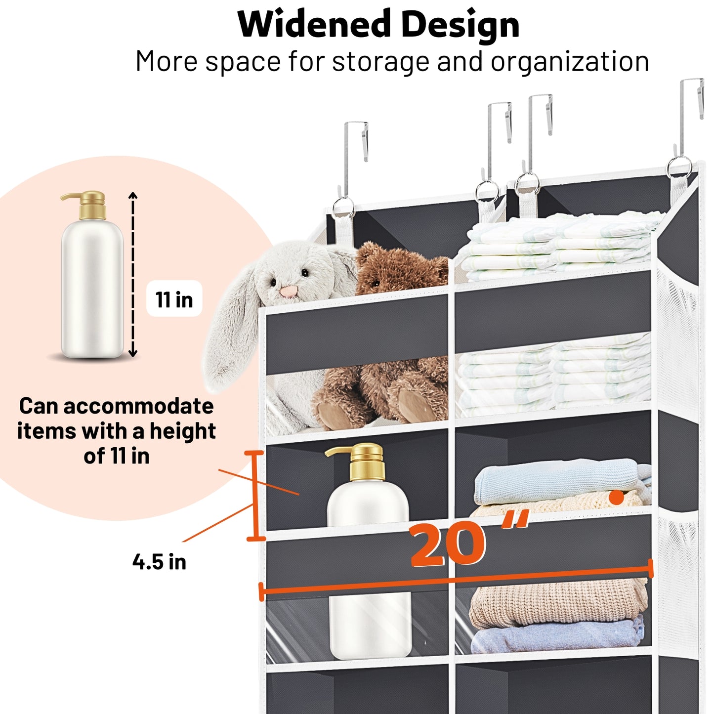 Over Door Organizer, 5-Tier Large Hanging Storage Organizer with 10 Mesh Side Pockets Behind Door Storage Shelf with Clear Windows for Kitchen Bathroom Bedroom Nursery, Toys, Diapers, Shoe