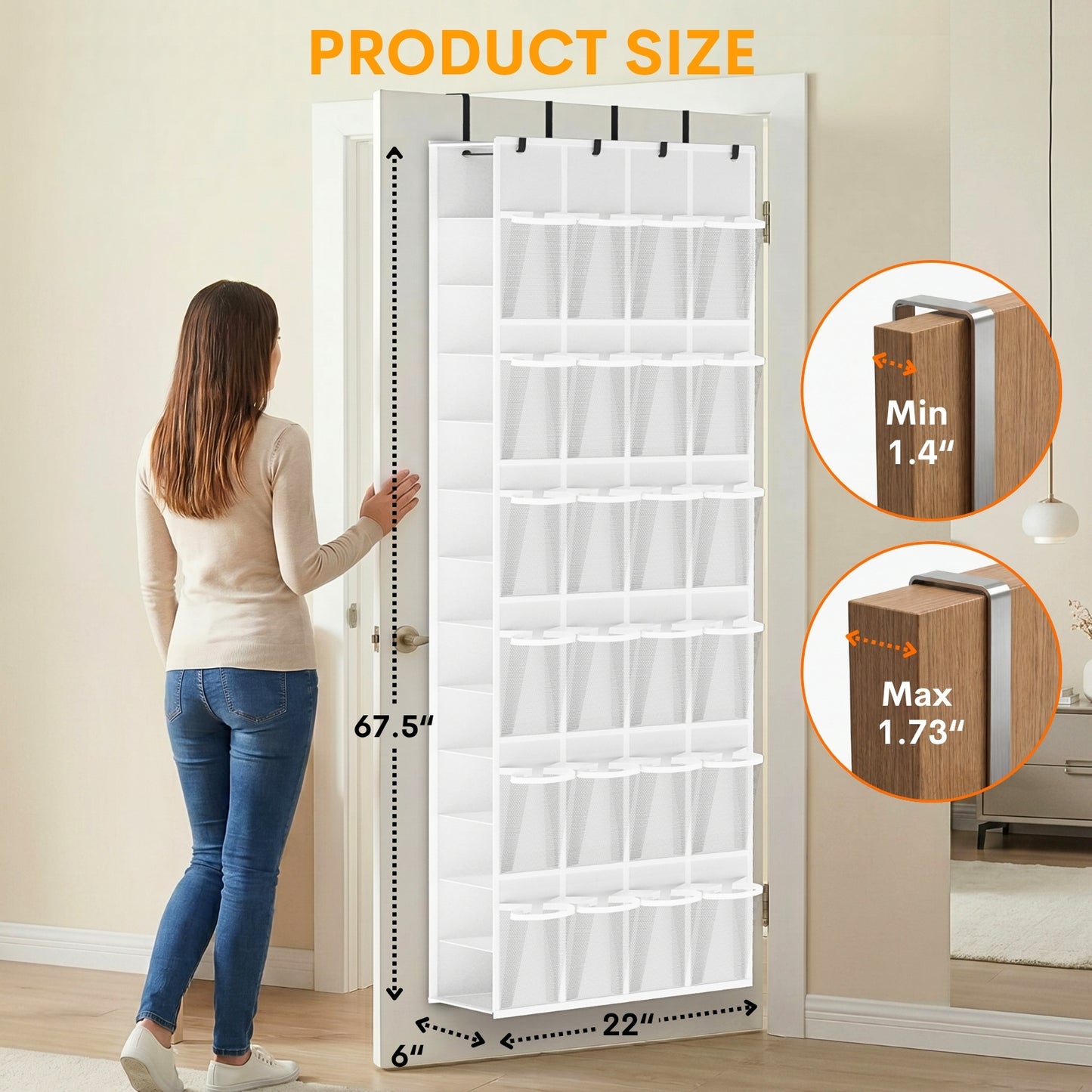 Over The Door Shoe Organizer, 50 Large Pockets Double-Sided Shoe Organizer for Closet Door, Hanging Shoe Storage Up to 50 Pairs, Mesh Front Pockets & Side Storage for Sneakers, Heels