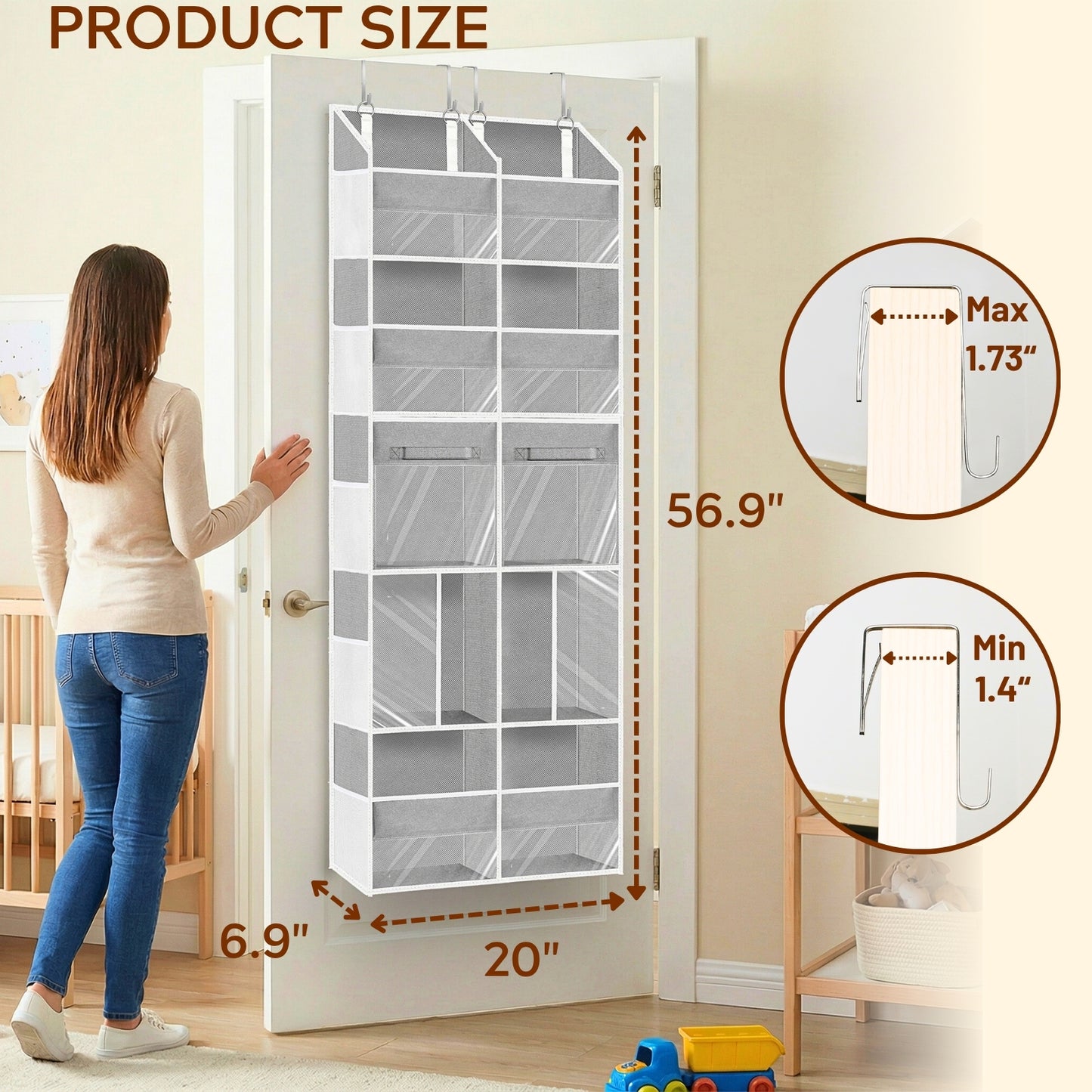 Over the Door Organizer 5 Tiers with Removable Drawers, Extra Large Door Storage of 6 Compartments & 2 Diaper Storage, Double-Column Clear Window Door Hanging Organizer for Nursery, Closet, Pantry