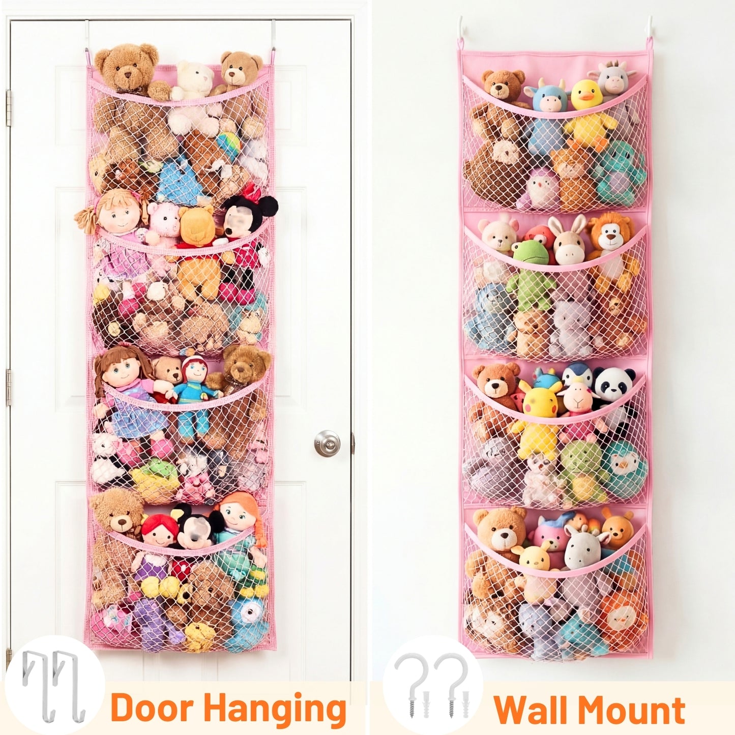 Over The Door Stuffed Animal Storage, Cotton Toy Organizer for Storage Plush Toys,Baby Supplies, Stuffed Animal Holder with 4 Large Pockets, Hanging Door Organizer for Nursery, Bedroom, Kids Room
