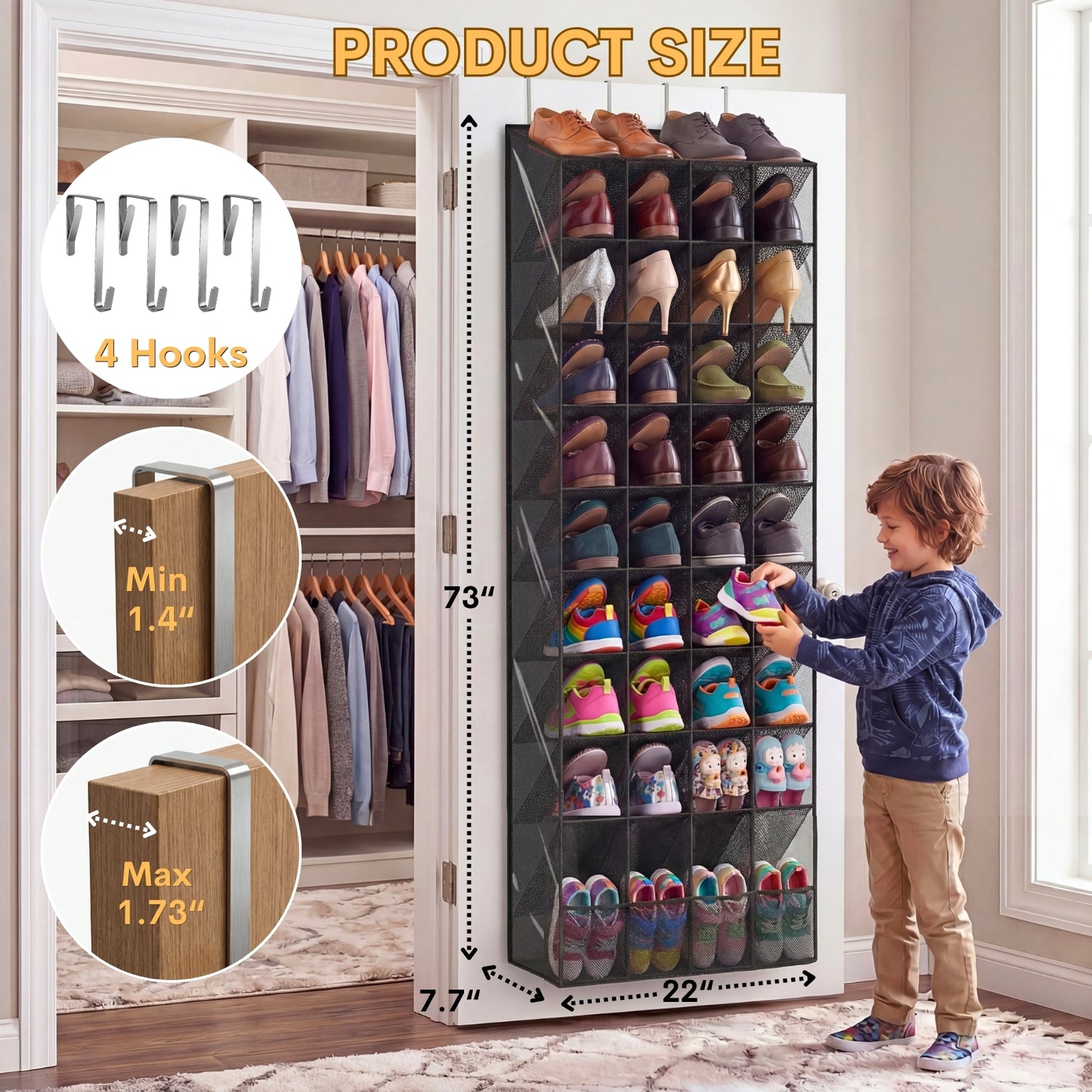 30-40 Pairs Over the Door Shoe Organizer, Clear Large Pockets Hanging Shoe Rack, Space-Saving Closet Door Organizer Fits Boots,Sneakers or Larger Shoes,Shoe Storage for Bedroom,Small Closet,Entryway