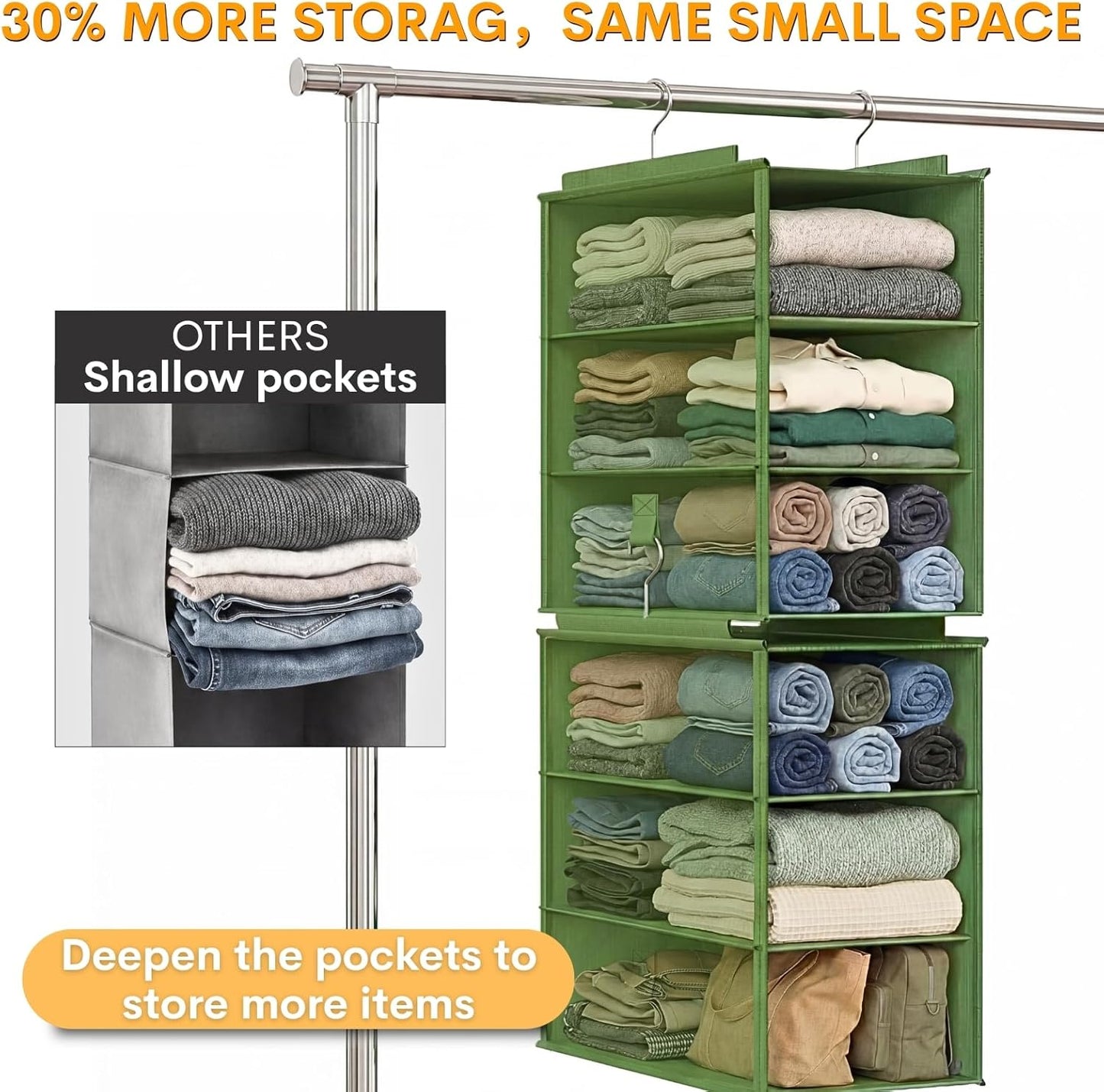 Extra Deep Hanging Closet Organizer 2 Pack, 3-Shelf Separable Closet Organizers and Storage with Linen Texture, Foldable Space-Saving Hanging Shelves for Clothes, Handbag, Hats, Dorm & RVs
