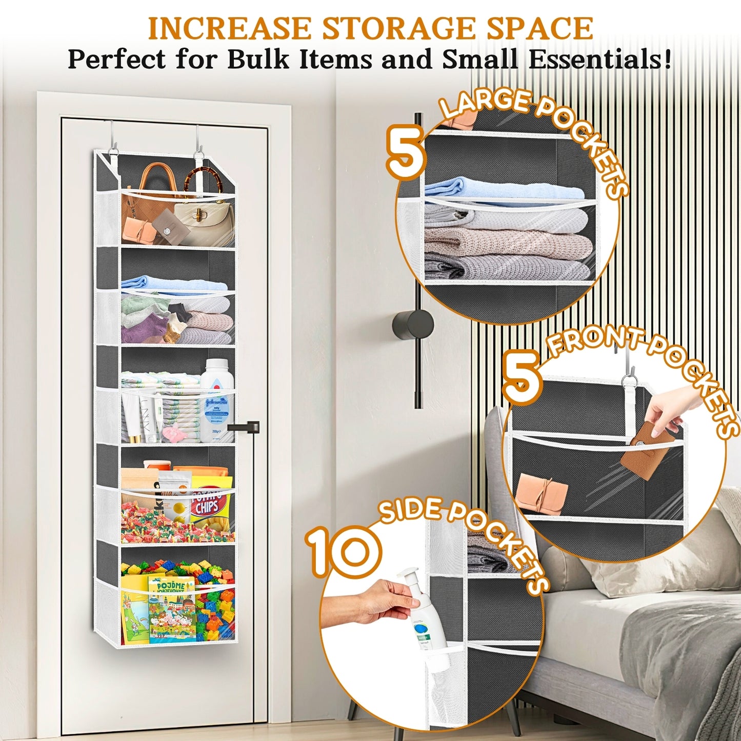 Ofiray-home Over Door Organizer with 5 Large Pockets, 5 Transparent Front Pockets & 10 Mesh Side Pockets, 50 lbs Weight Capacity Hanging Storage for Toys, Shoes, Diapers, Pantry – Grey