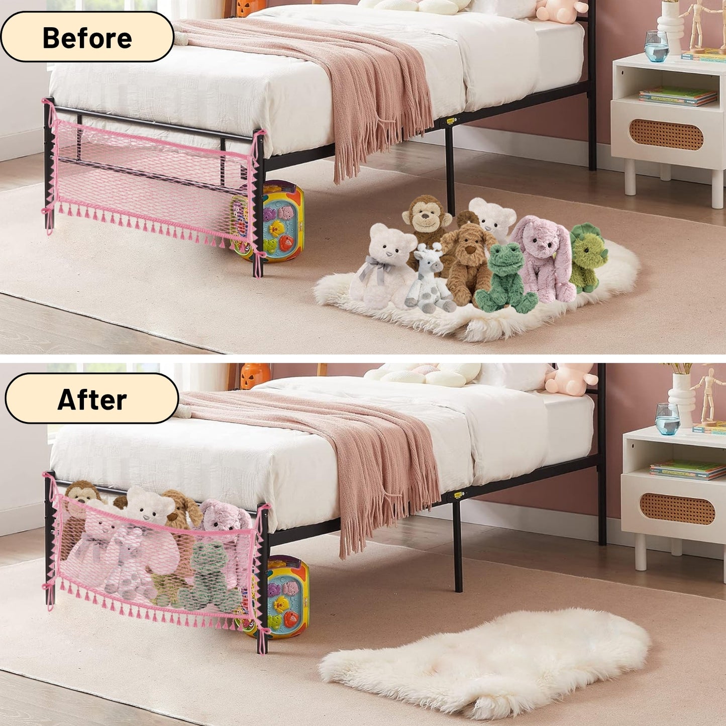 2 Pack Stuffed Animal Hammock, Bedside Stuffed Animal Storage Net Corner - Kids Nursery Wall Bedroom Home Decor, Cotton Bedside Toy Organizer Net with Tether, Stretches up to 32 in, Pink