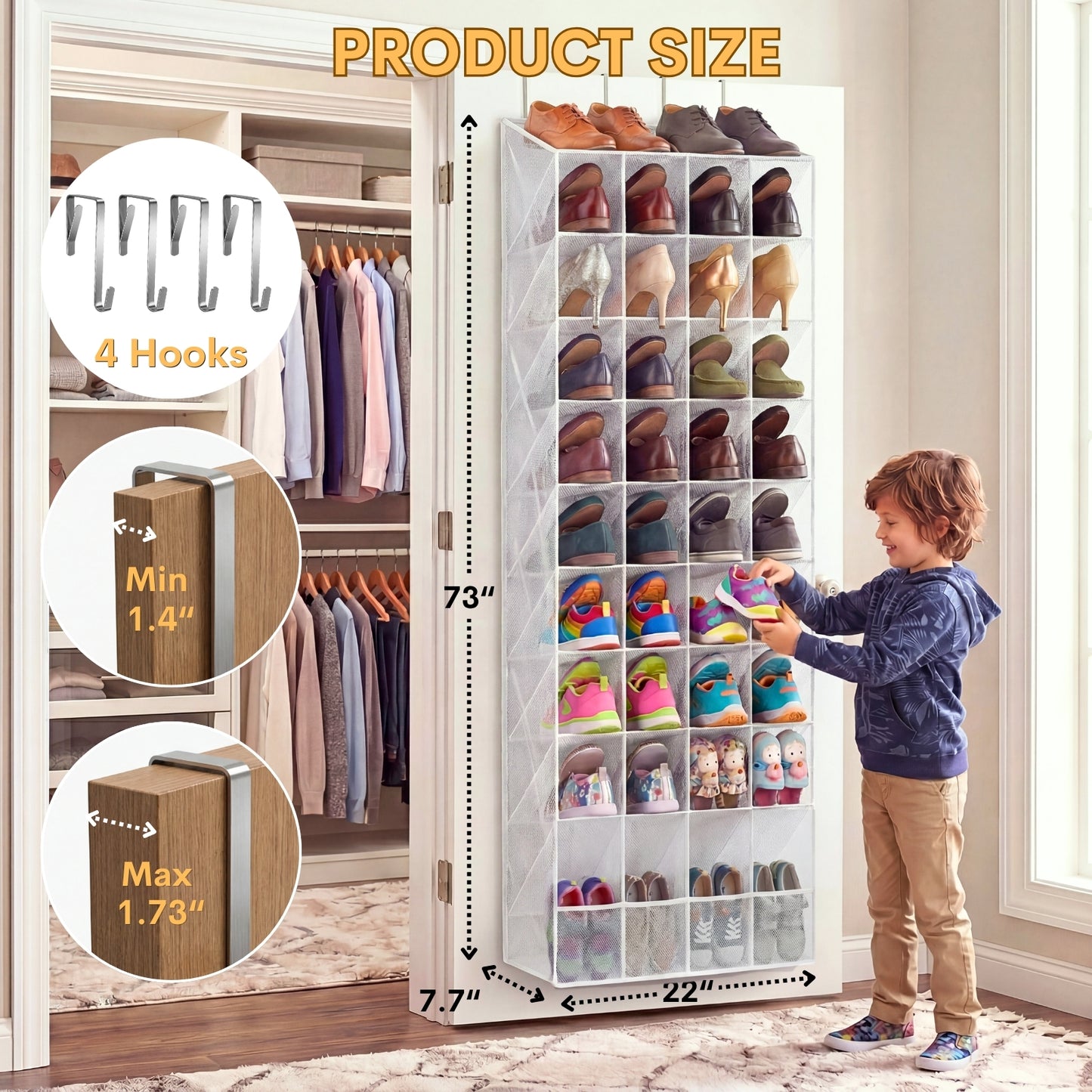 30-40 Pairs Over the Door Shoe Organizer, Clear Large Pockets Hanging Shoe Rack, Space-Saving Closet Door Organizer Fits Boots,Sneakers or Larger Shoes,Shoe Storage for Bedroom,Small Closet,Entryway