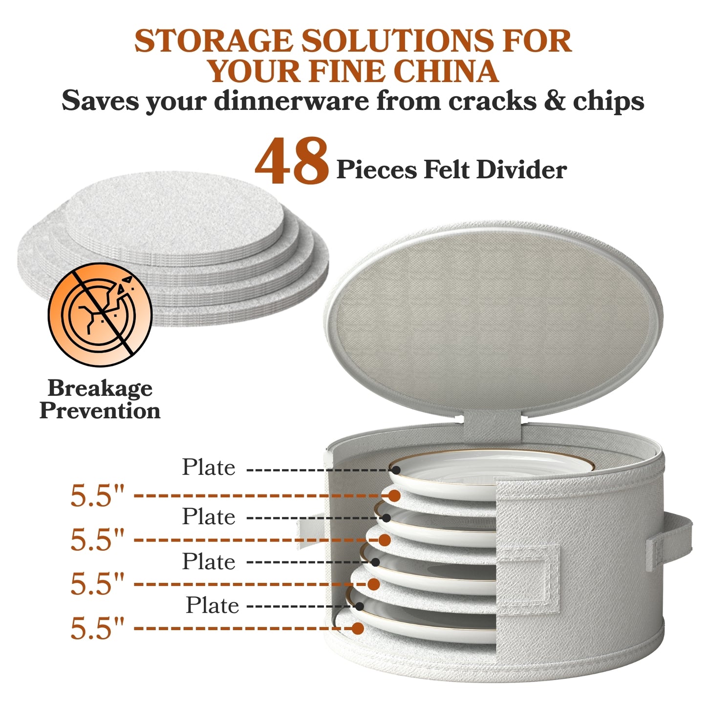 China Storage Containers, Hard Shell Dish Storage Containers with 48 Felt Dividers, 5 Piece Dish Organizers for Dinner Plates, Saucers & Mugs, Perfect for Seasonal Storage & Moving Supplies
