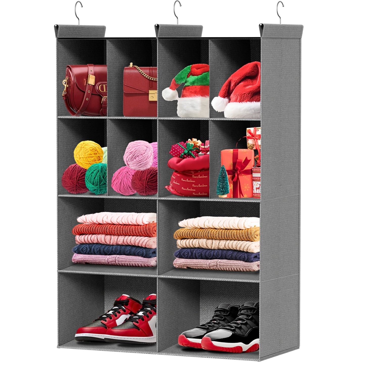 6 Tier Hanging Closet Organizer, 16 Compartments Sweater Organizer for Closet with 3 Sturdy Hooks, Closet Organizers and Storage, Wardrobe, Rv, Garment Rack, Grey