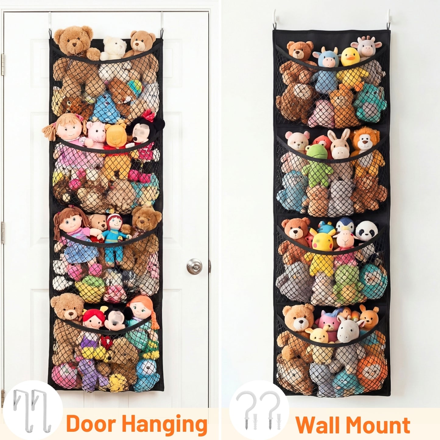 Over The Door Stuffed Animal Storage, Cotton Toy Organizer for Storage Plush Toys,Baby Supplies, Stuffed Animal Holder with 4 Large Pockets, Hanging Door Organizer for Nursery, Bedroom, Kids Room