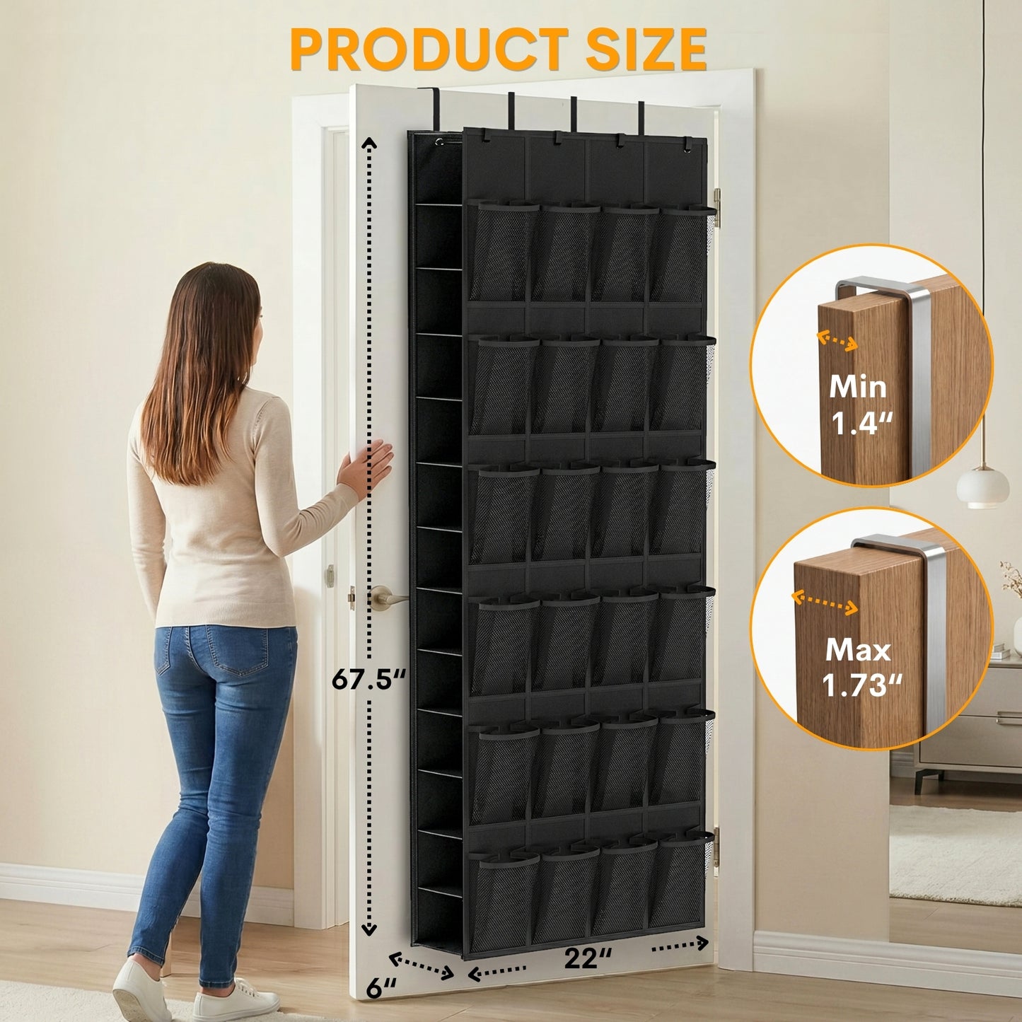 Over The Door Shoe Organizer, 50 Large Pockets Double-Sided Shoe Organizer for Closet Door, Hanging Shoe Storage Up to 50 Pairs, Mesh Front Pockets & Side Storage for Sneakers, Heels