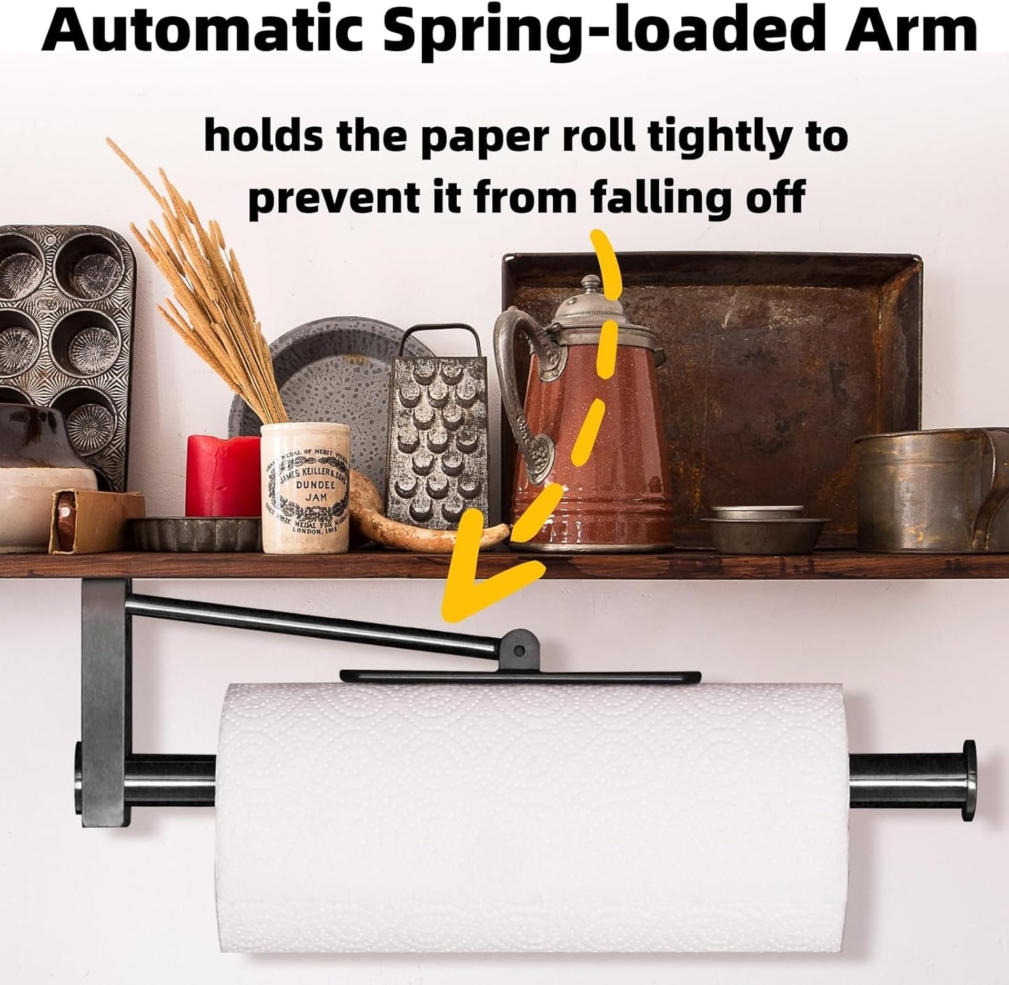 Upgraded Kitchen Paper Towel Holder - One-Hand Tear Under Cabinet Stick-on Towel Rack for Hanging Paper - First Apartment Essentials Wall Mount Self Adhesive Stainless Steel Rack Fits Black